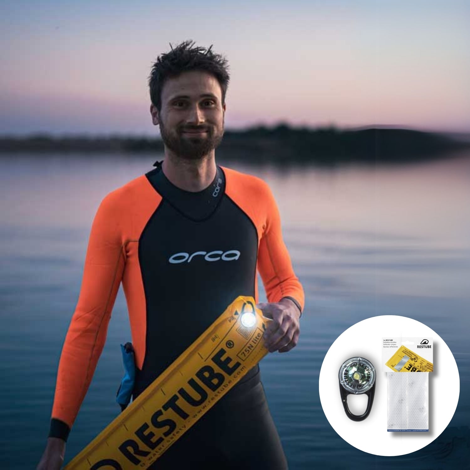 Watersports athlete with RESTUBE buoy and LED light at sunset by the lake.