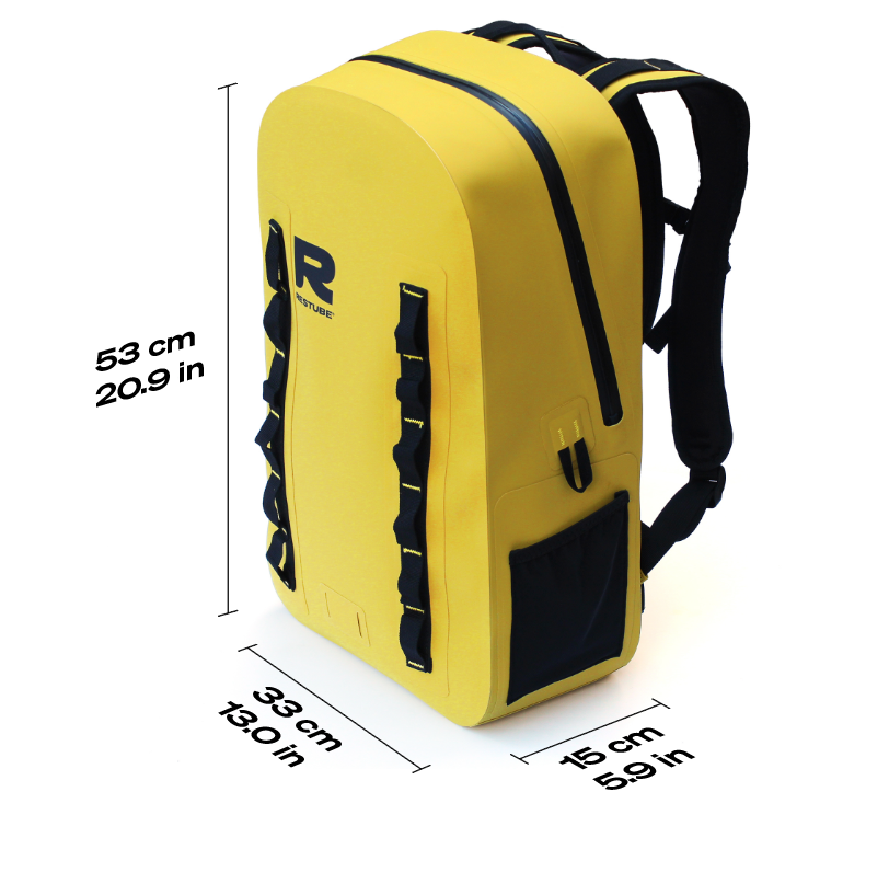 Yellow waterproof backpack in 3/4 perspective view with dimensions 53 x 30 x 15 cm (20.9 x 11.8 x 5.9 in)