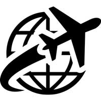 Icon for global shipping – a plane that circles a planet - represents international delivery options.