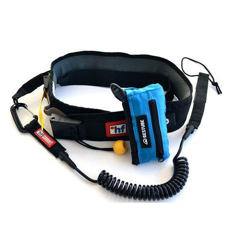 hf Restube Ready Gürtel mit verpackter Restube Schwimmboje und Verbindungsseil für die Leach eines SUP-Boards