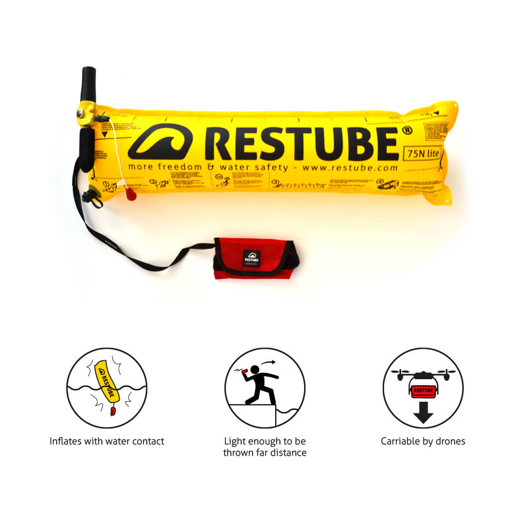 Aufgeblasene Restube automatic mit Icons Inflates with water contact, Light enough to be thrown far distance und Carriable by drones