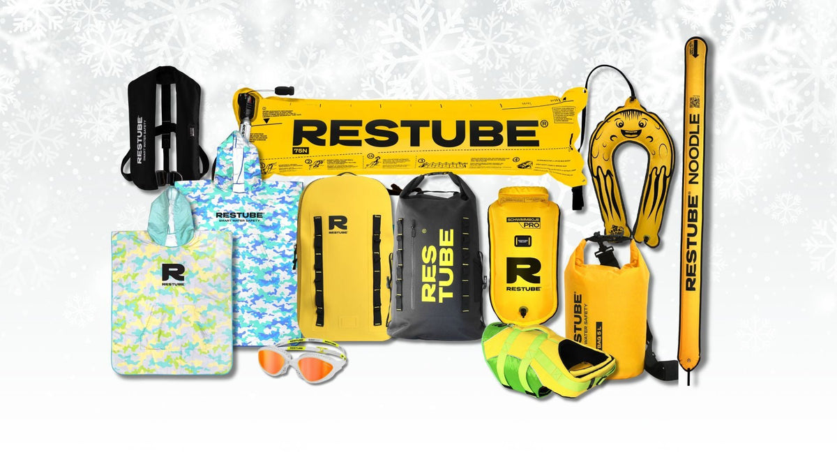 RESTUBE gift ideas on a snowy background: Safety Buoy, Swim Buoy Pro, JELLY, life jacket, ponchos, backpacks, dry bag, dog life jacket and goggles