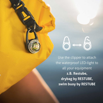 Use the clipper to attach the waterproof LED-light to all your equipment for example Restube, drybag by Restube or swim buoy by Restube