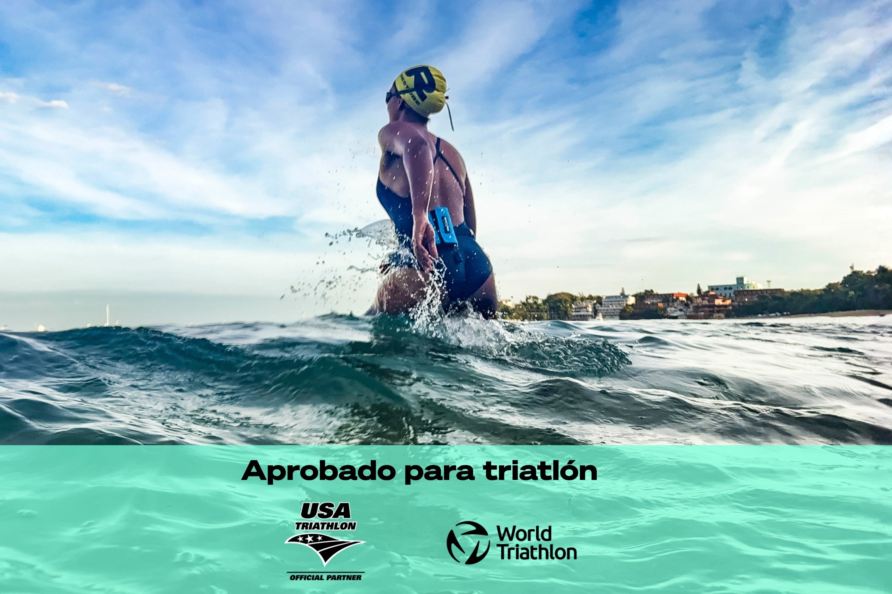 Person swimming in open water with a RESTUBE ACTIVE attached to the waist during triathlon training or competition. Text overlay: “Approved for Triathlon” with logos of USA Triathlon and World Triathlon.