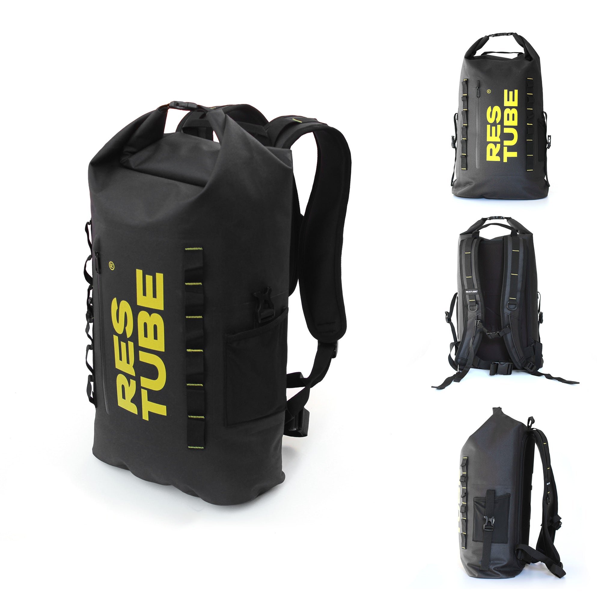 RESTUBE COAST water-resistant backpack in black with Beacon Yellow logo – shown from four angles: front, back, rear harness, and side