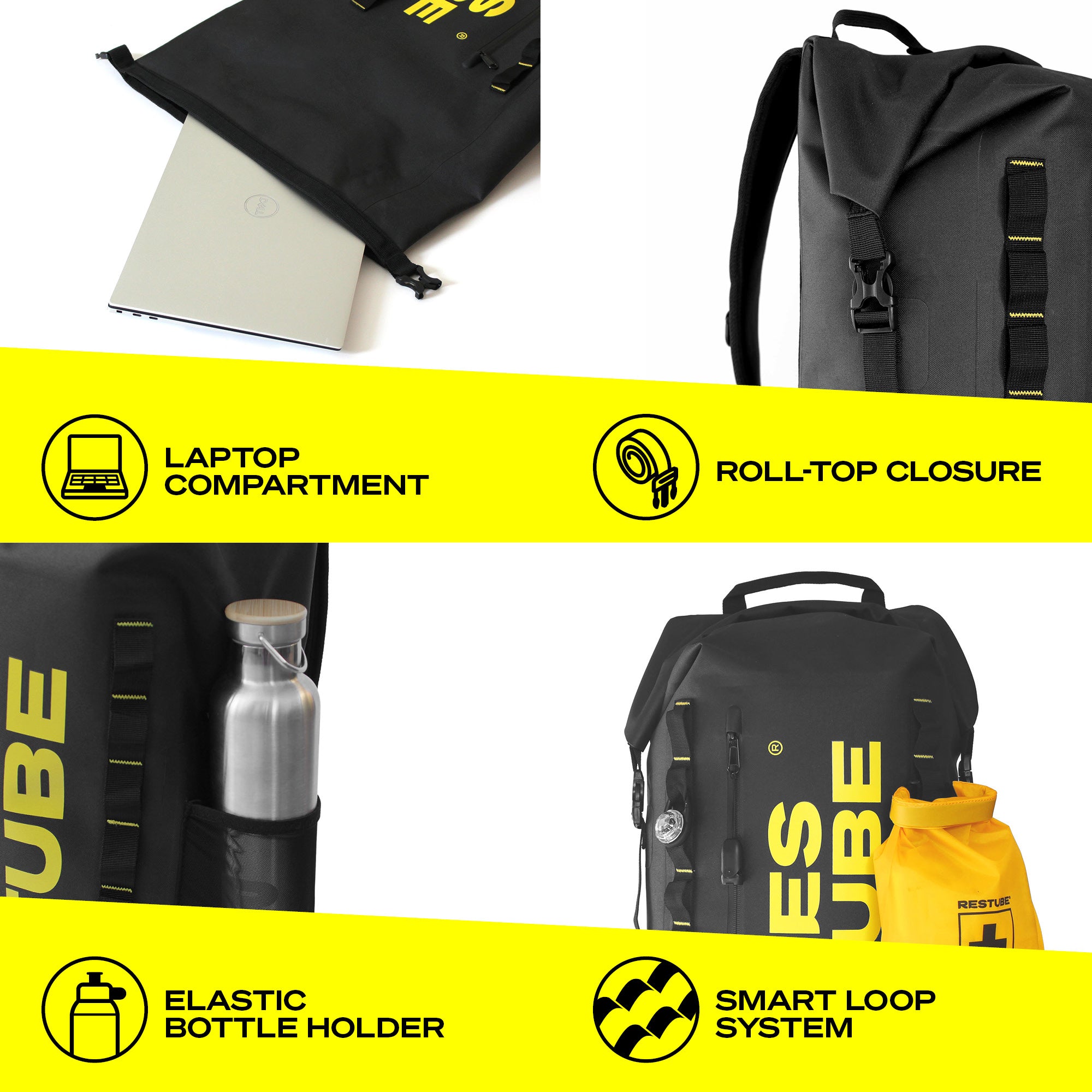 RESTUBE COAST backpack features: laptop compartment, roll-top closure, elastic bottle holder, and Smart Loop System for attaching a first aid kit