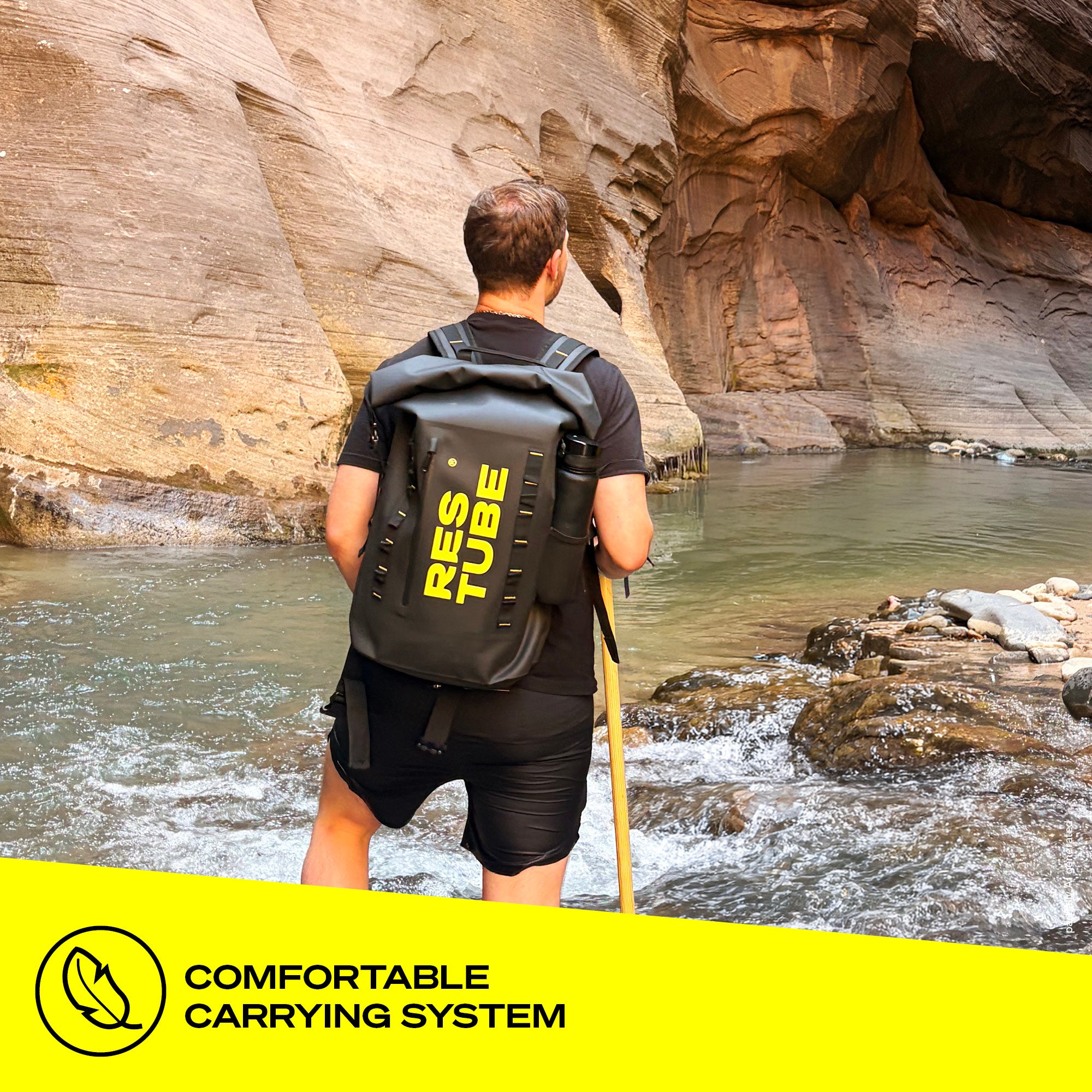 Man standing at a rocky river with RESTUBE COAST backpack – comfortable carrying system with padded shoulder straps