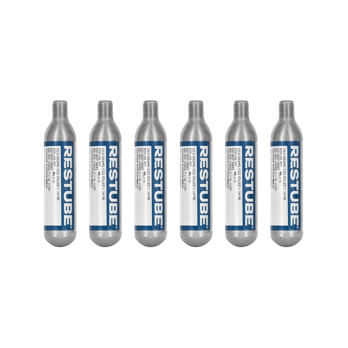 Six RESTUBE 10.9 g CO2 replacement cartridges with blue labels, lined up in a row