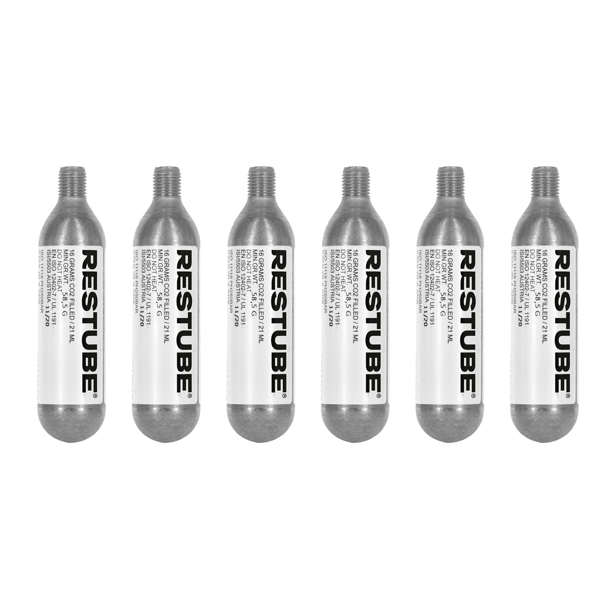Six RESTUBE 16 g CO2 replacement cartridges with white labels, lined up in a row
