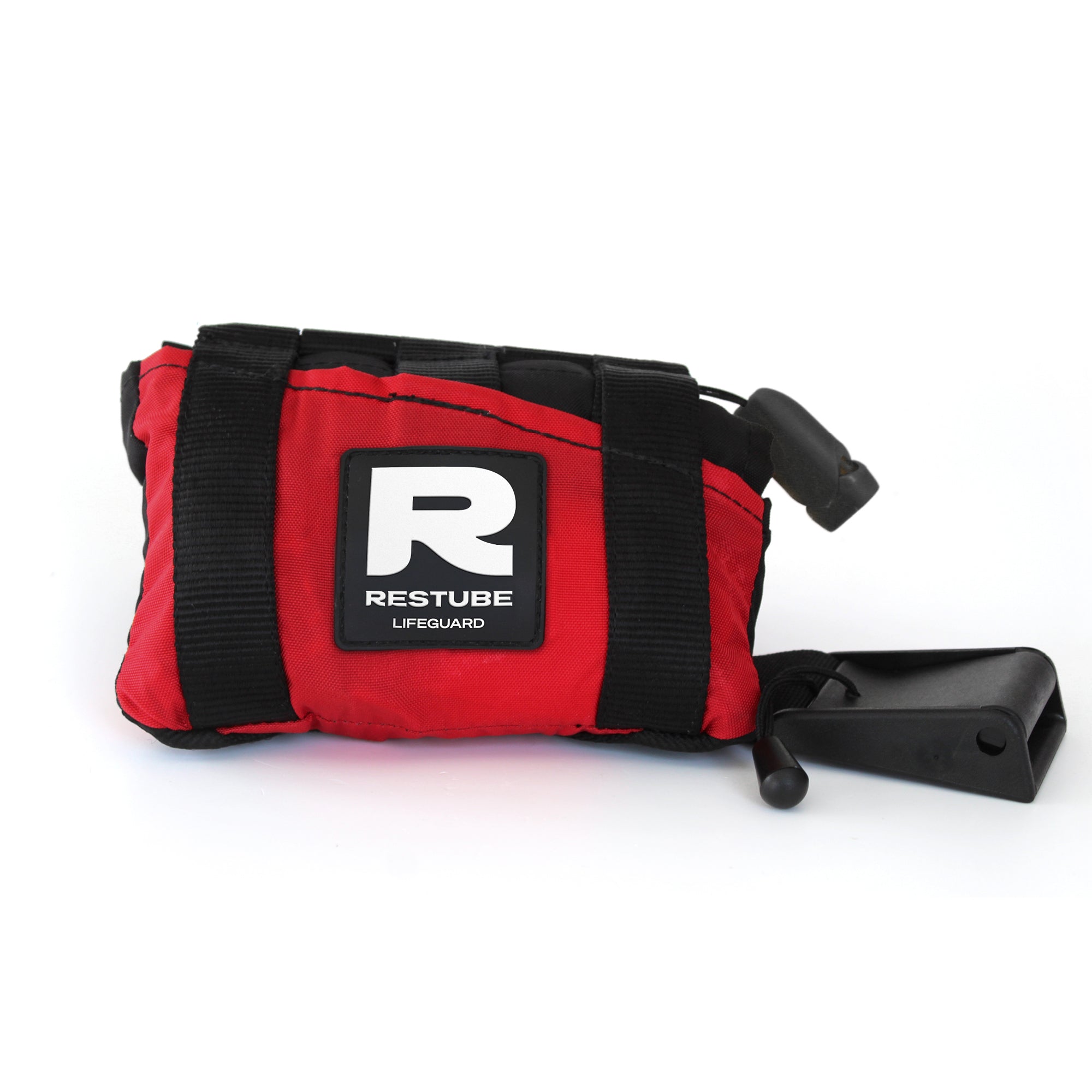 Red RESTUBE LIFEGUARD packed with black ribbed nylon straps, white R logo patch.