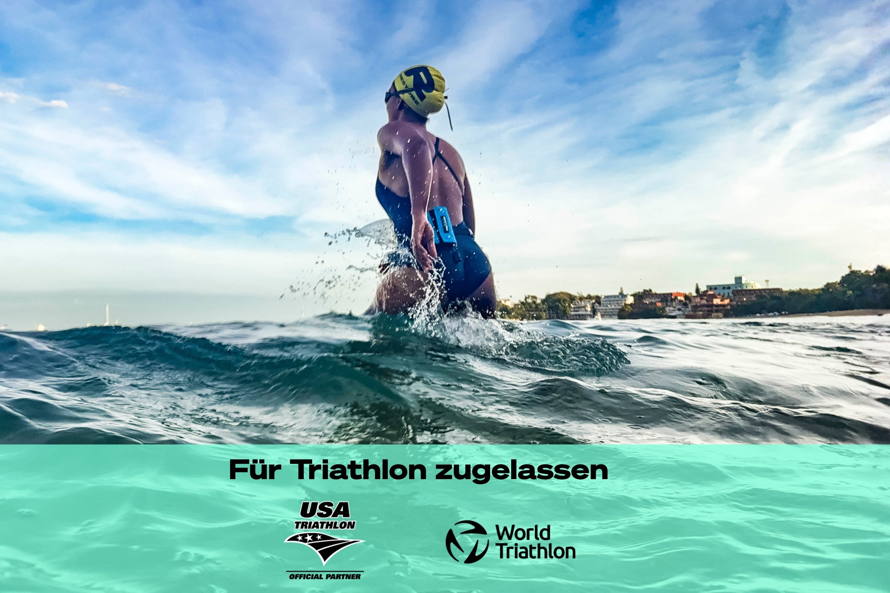 Person swimming in open water with a RESTUBE ACTIVE attached to the waist during triathlon training or competition. Text overlay: “Approved for Triathlon” with logos of USA Triathlon and World Triathlon.