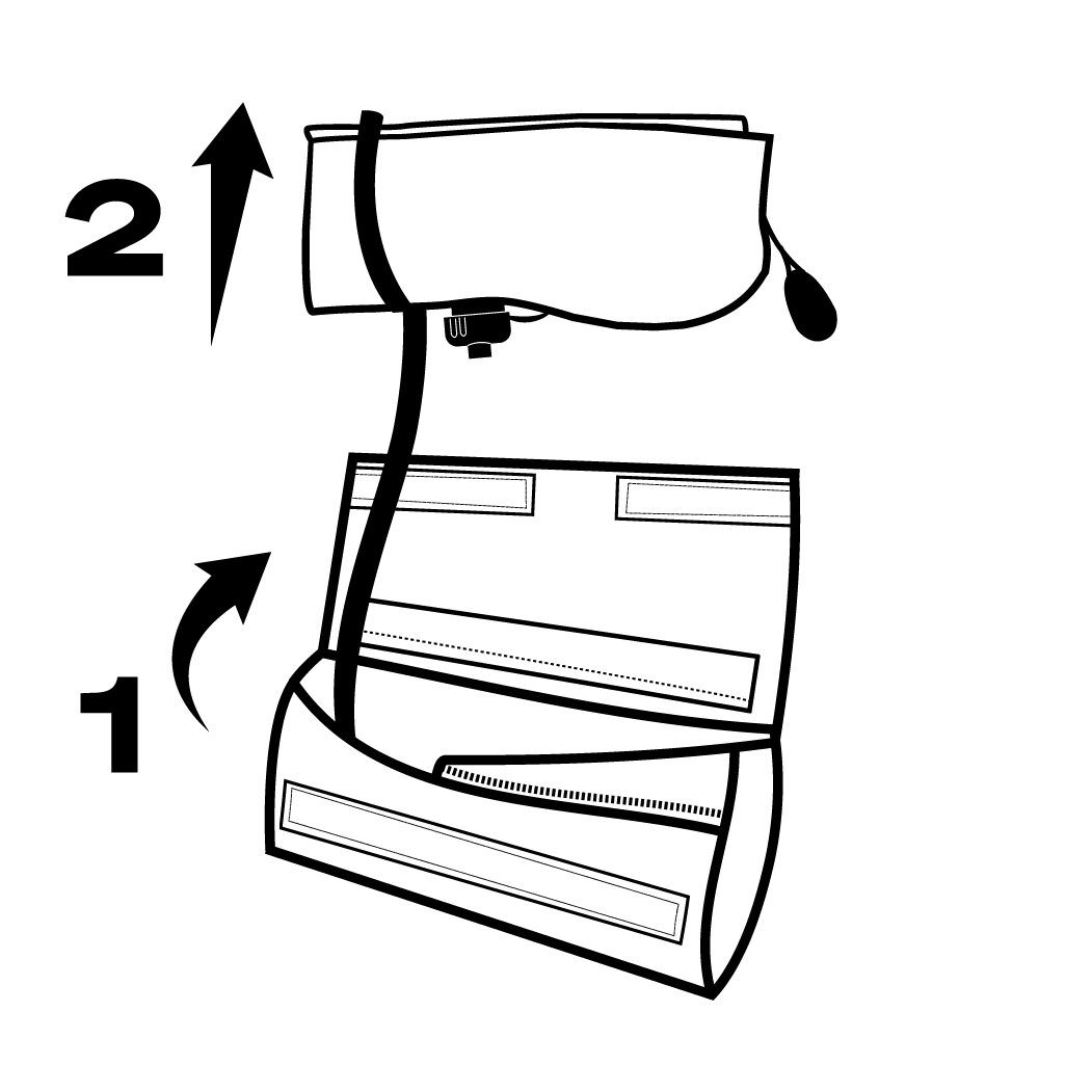 Illustration showing arming steps 1 and 2: open the Velcro pocket and pull out the folded buoy.