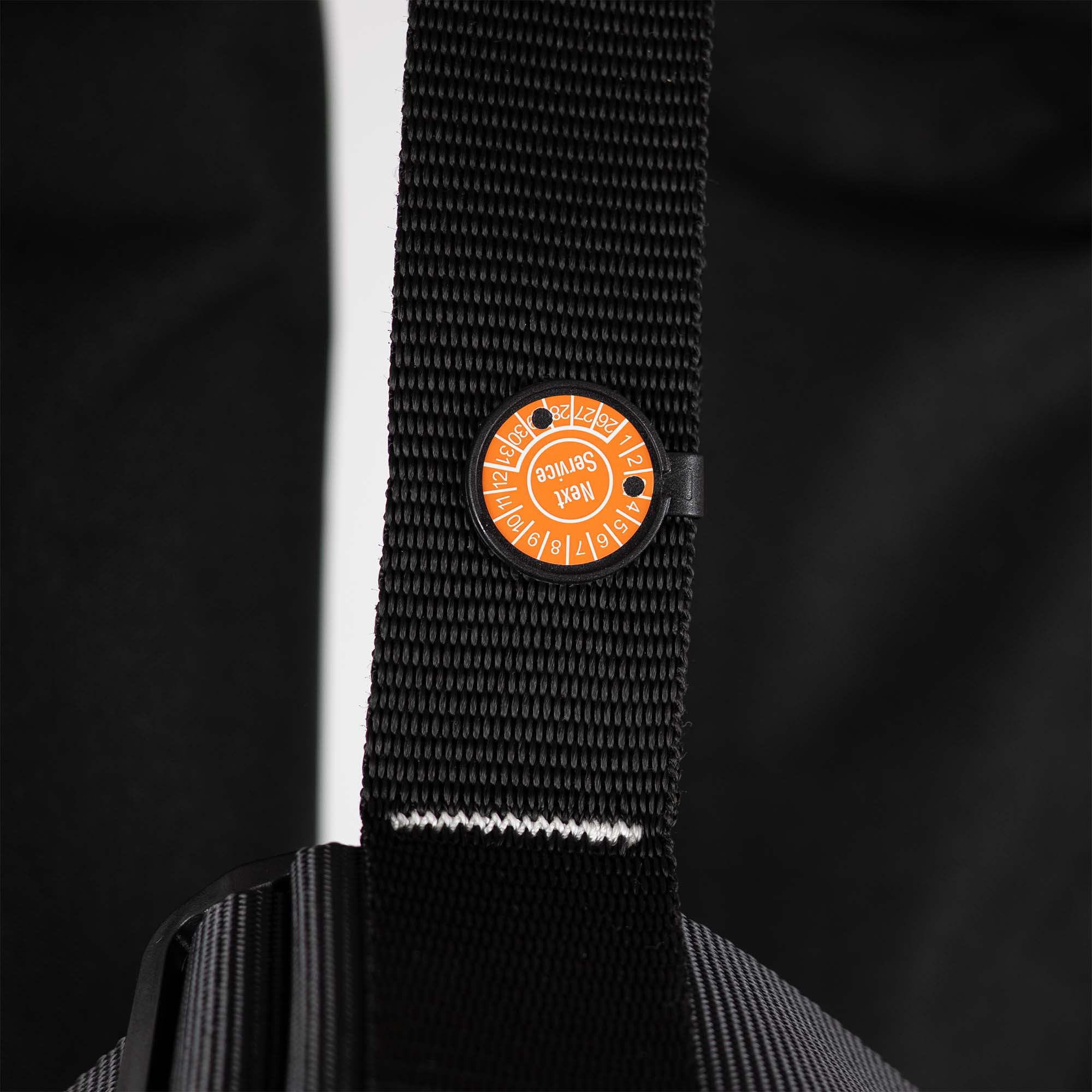 Close-up of service indicator on life jacket strap showing inspection status