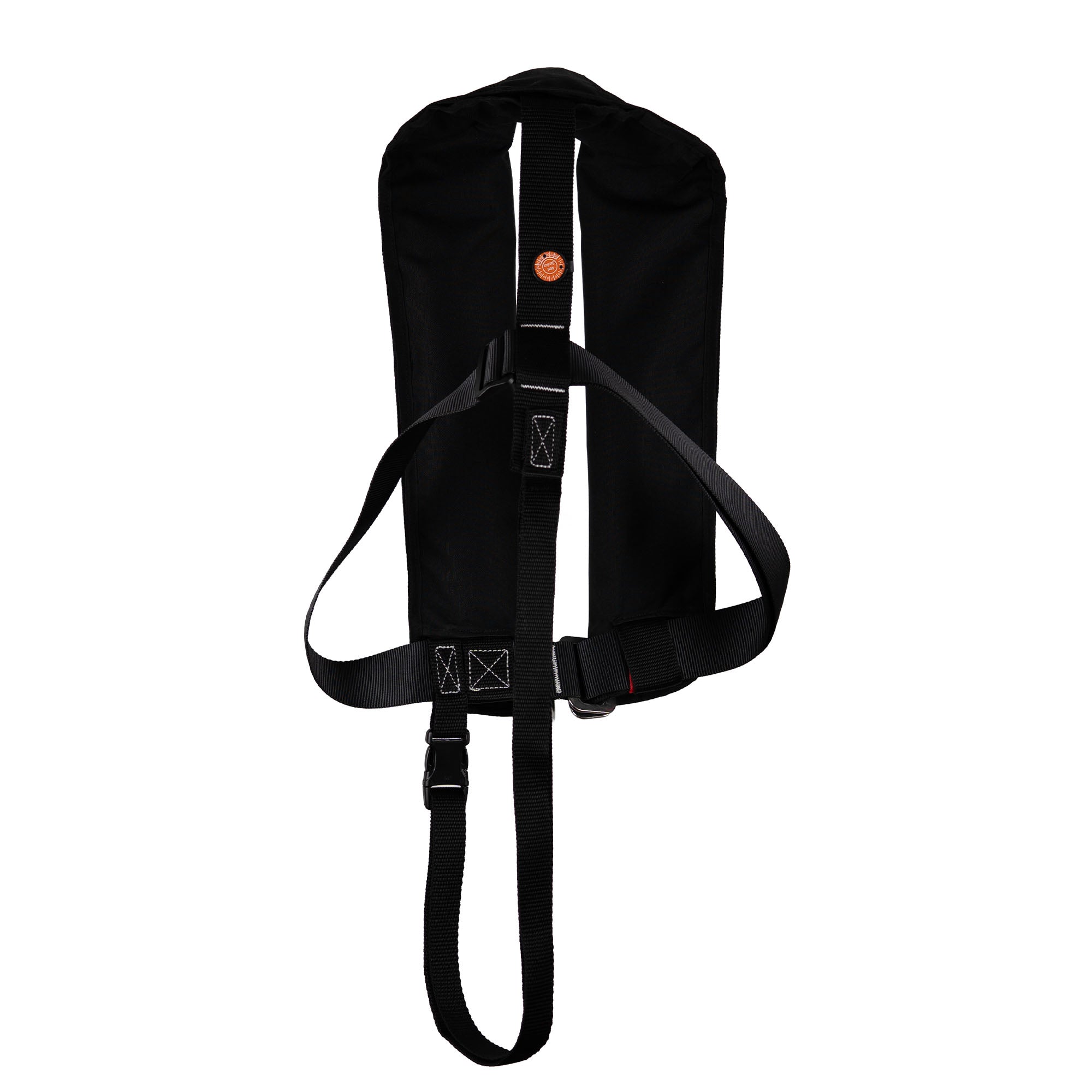 Black inflatable life jacket back view with plastic buckle and adjustable harness system