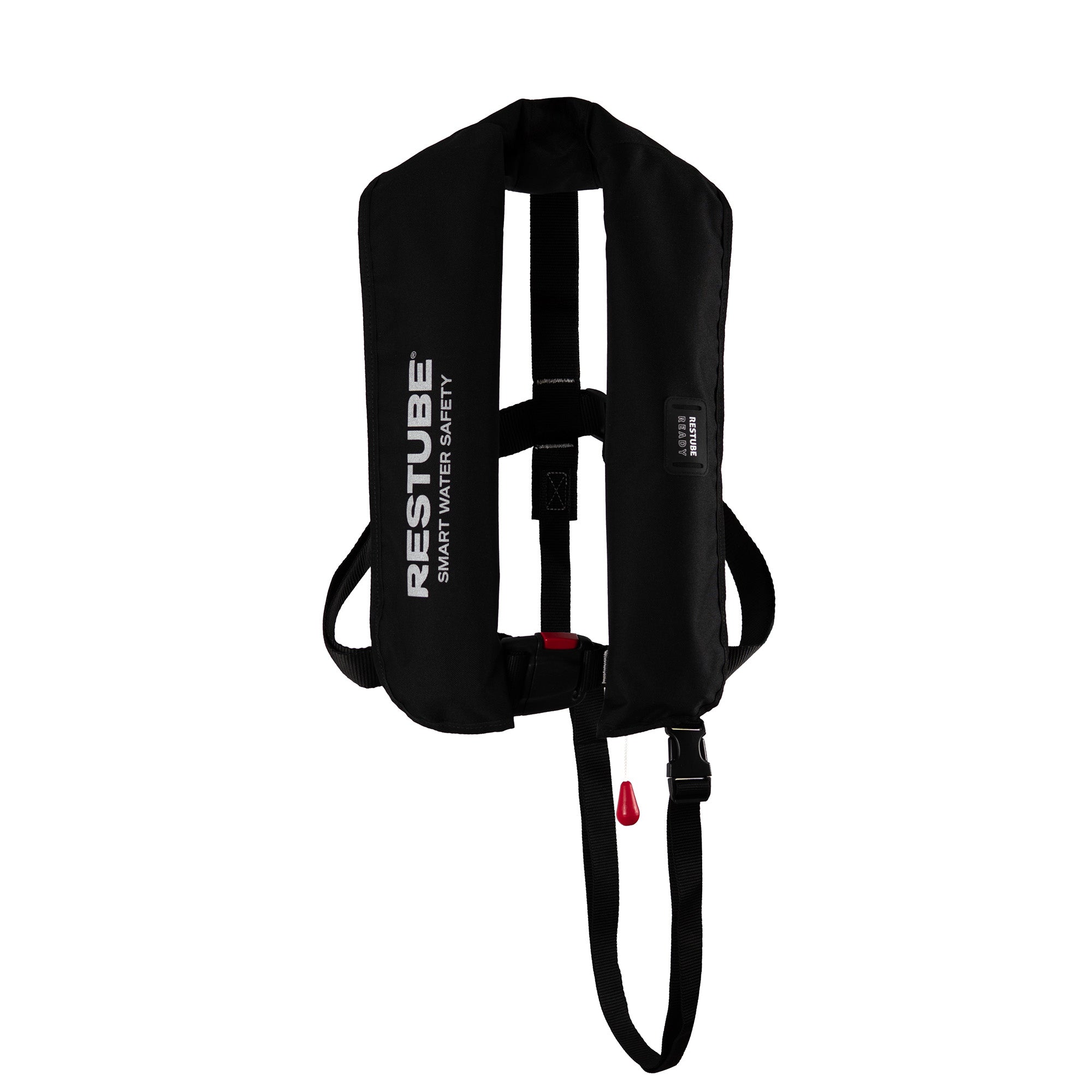 Front view of black inflatable life jacket with plastic buckle and adjustable waist strap