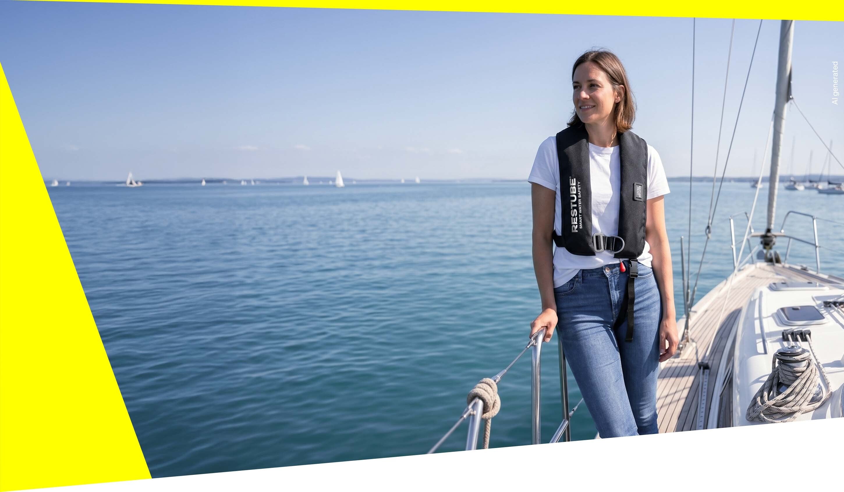 Woman wearing a RESTUBE Smart Water Safety life jacket standing on a sailboat deck with calm blue water and sailing boats in the background