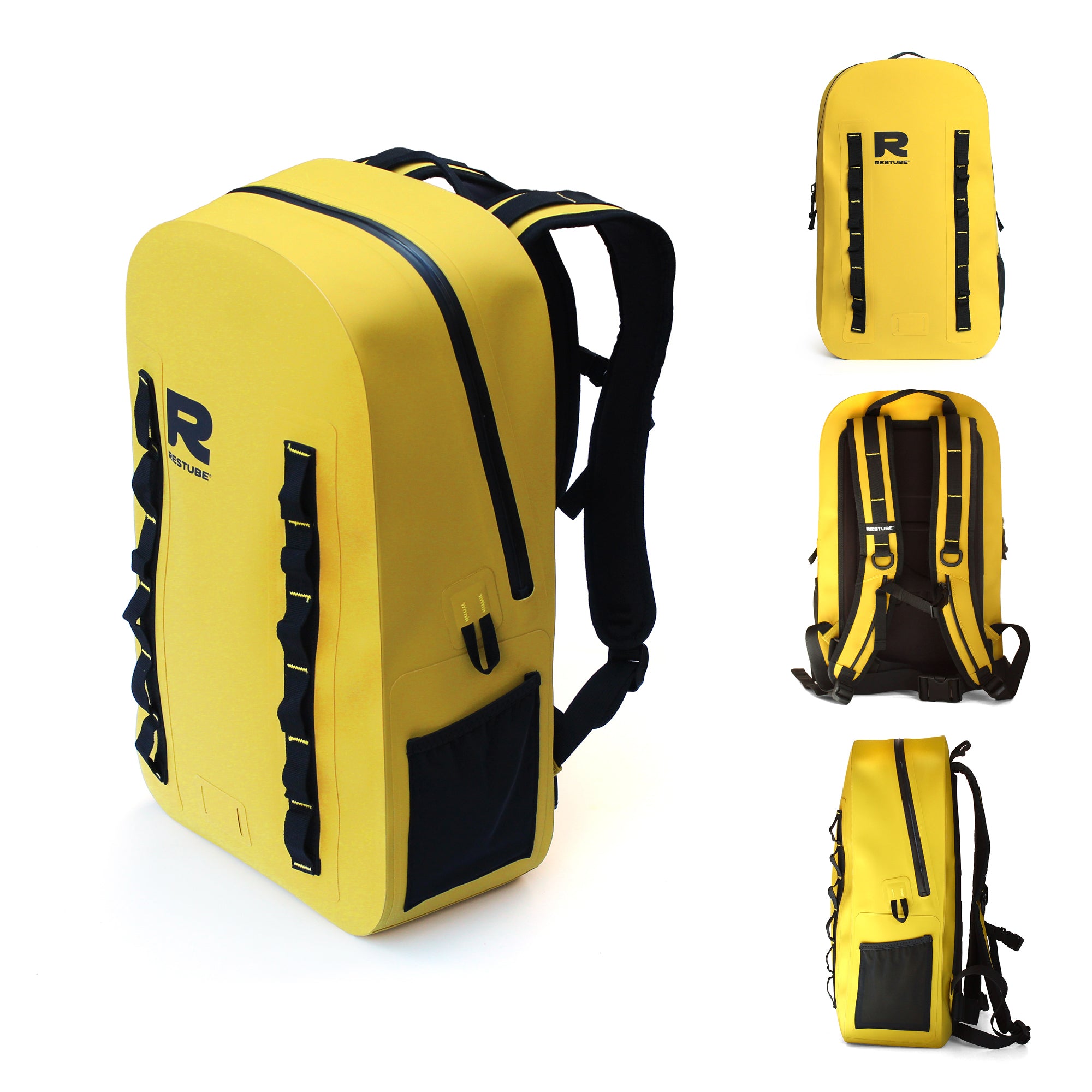 RESTUBE OCEAN 28L waterproof dry bag backpack in yellow shown from four angles: front, back, side, and three-quarter view