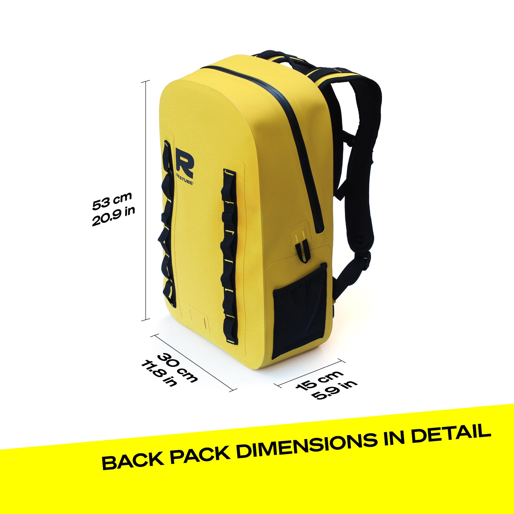 RESTUBE OCEAN 28L waterproof backpack with dimension labels: 53 cm height, 30 cm width, 15 cm depth