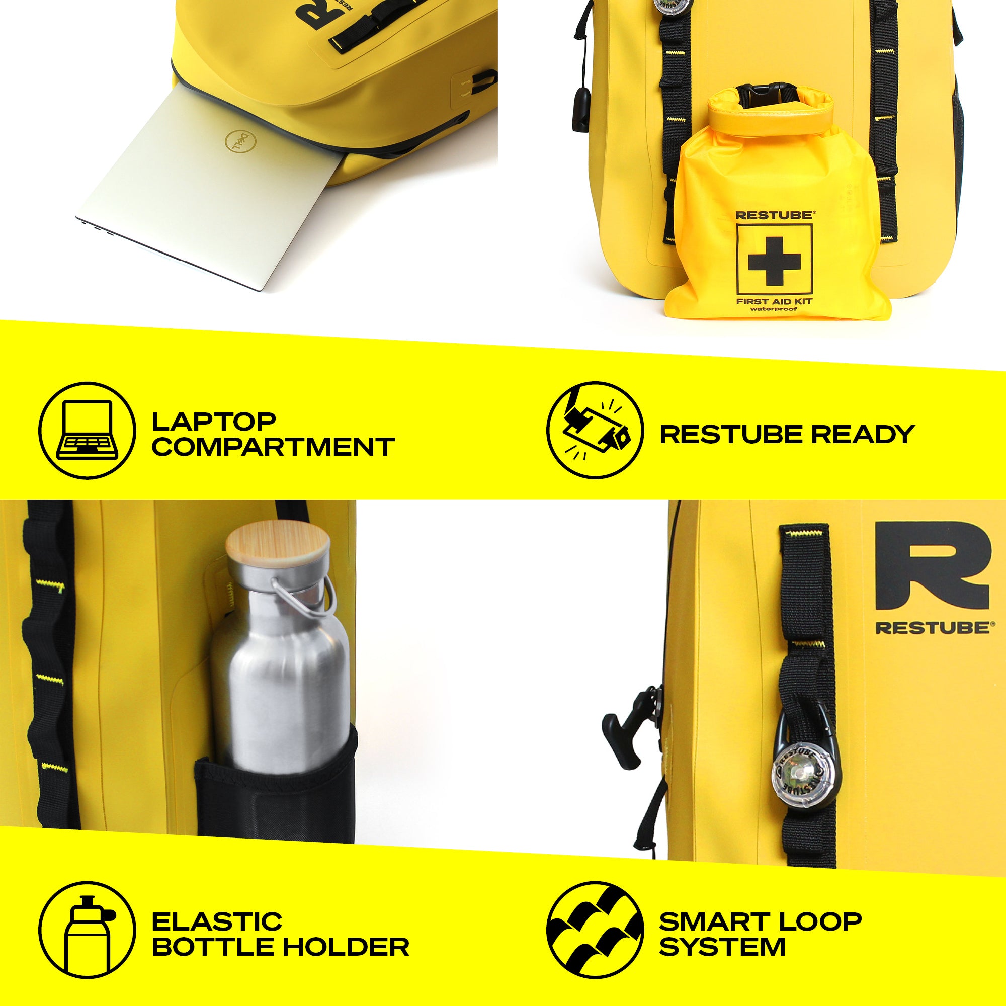 RESTUBE OCEAN 28L backpack feature overview showing laptop compartment, RESTUBE Ready attachment, elastic bottle holder, and Smart Loop System