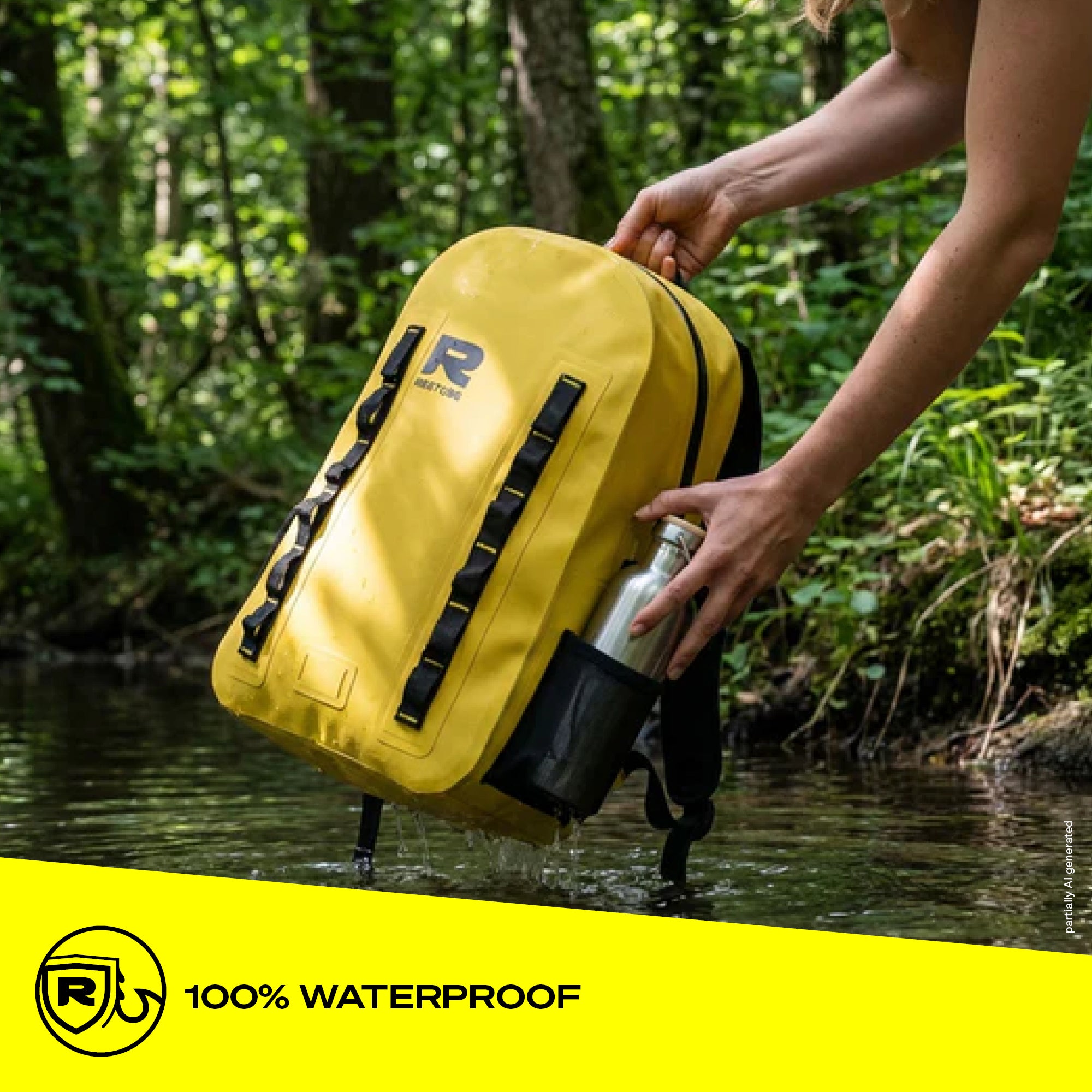 Hands lifting yellow RESTUBE OCEAN 28L backpack out of a forest stream, highlighting 100% waterproof construction