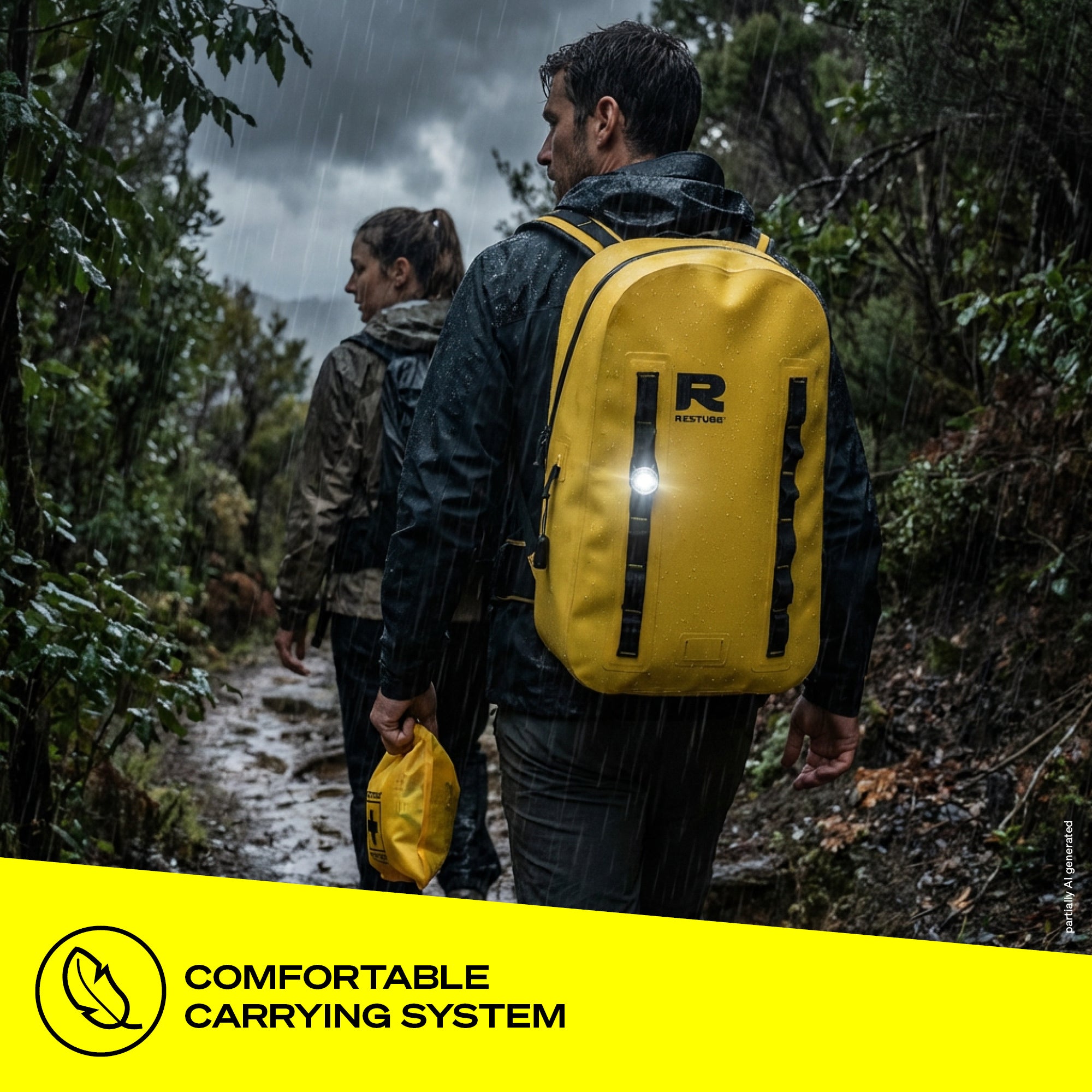 Two hikers on a rainy forest trail, man wearing yellow RESTUBE OCEAN 28L backpack with integrated light and woman carrying a RESTUBE waterproof first aid kit, highlighting comfortable carrying system