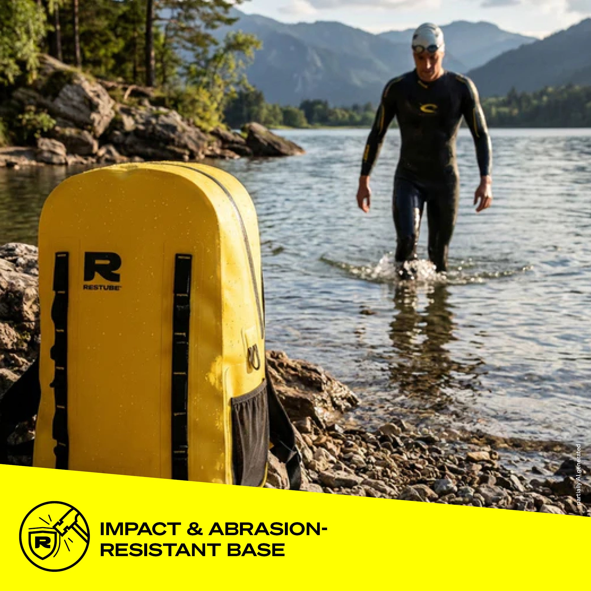 Yellow RESTUBE OCEAN 28L backpack placed on rocky shoreline with open water swimmer walking out of a mountain lake in the background, highlighting impact and abrasion-resistant base