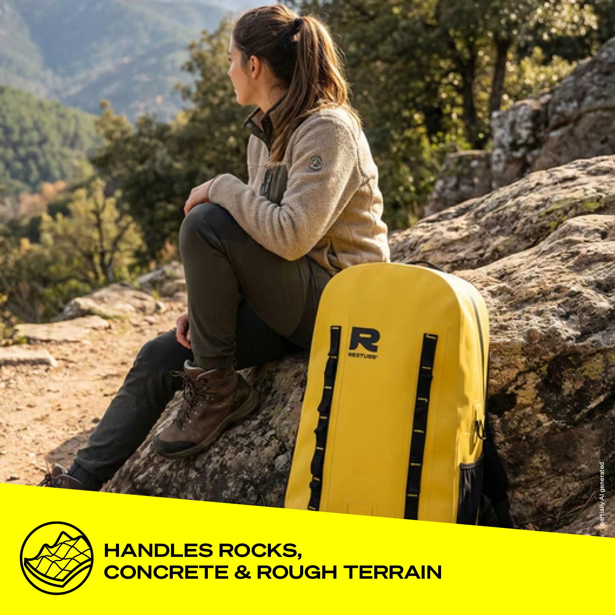 Woman sitting on a rocky mountain overlook next to a yellow RESTUBE OCEAN 28L backpack, highlighting durability on rocks, concrete, and rough terrain