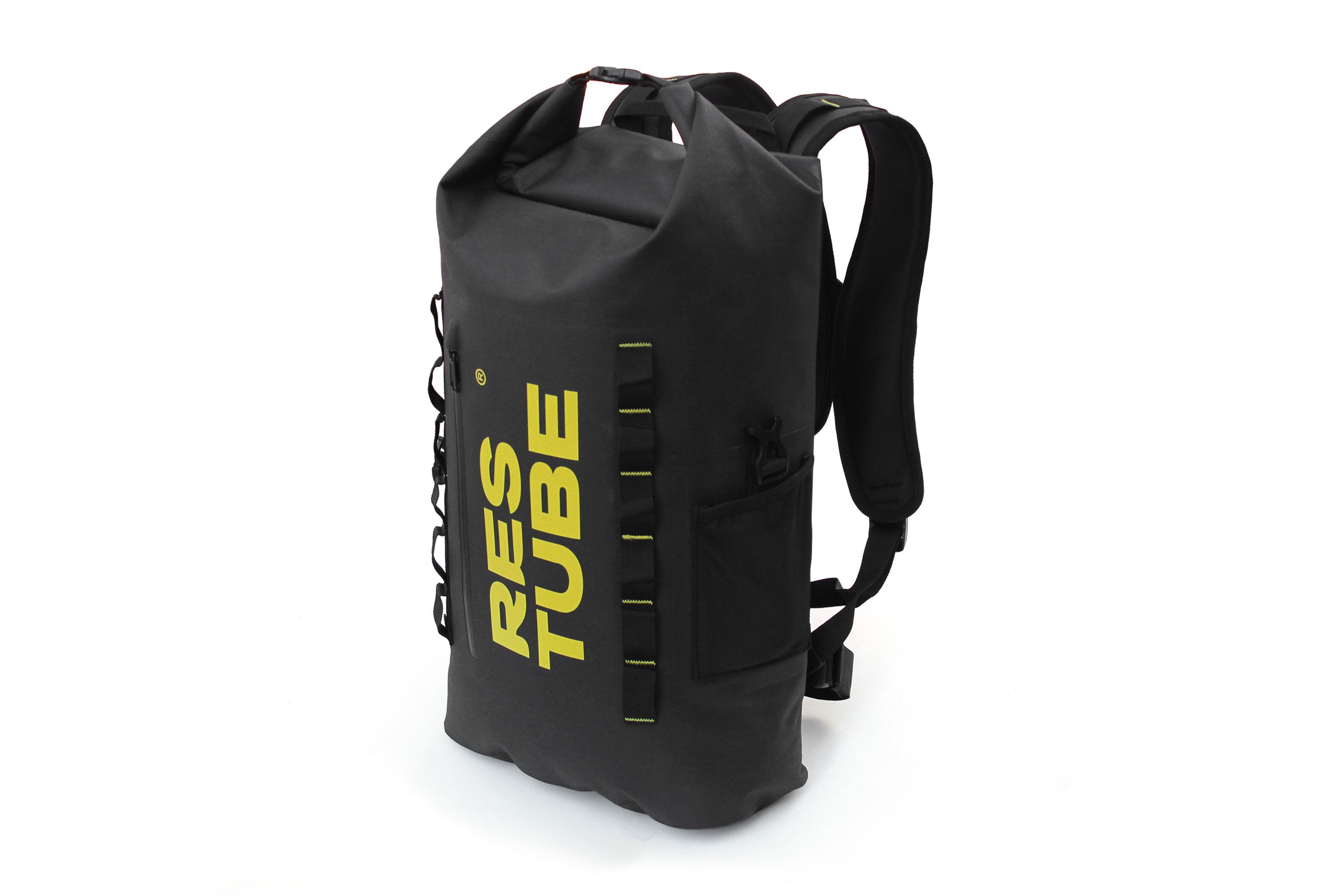 Black waterproof roll-top backpack in 3/4 perspective view with front attachment loops, side pocket and ergonomic shoulder straps