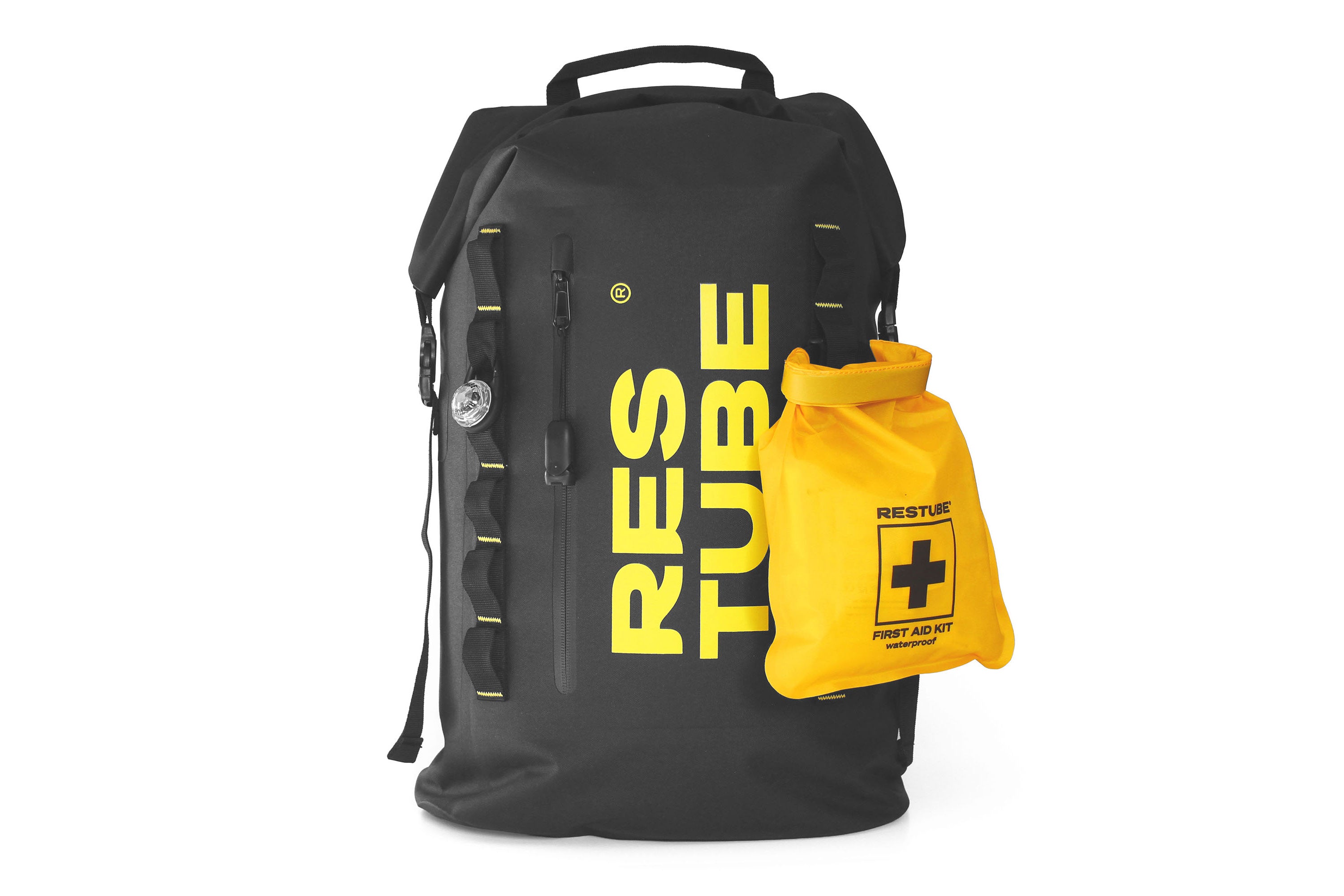 Waterproof backpack with front attachment system and mounted waterproof first aid kit