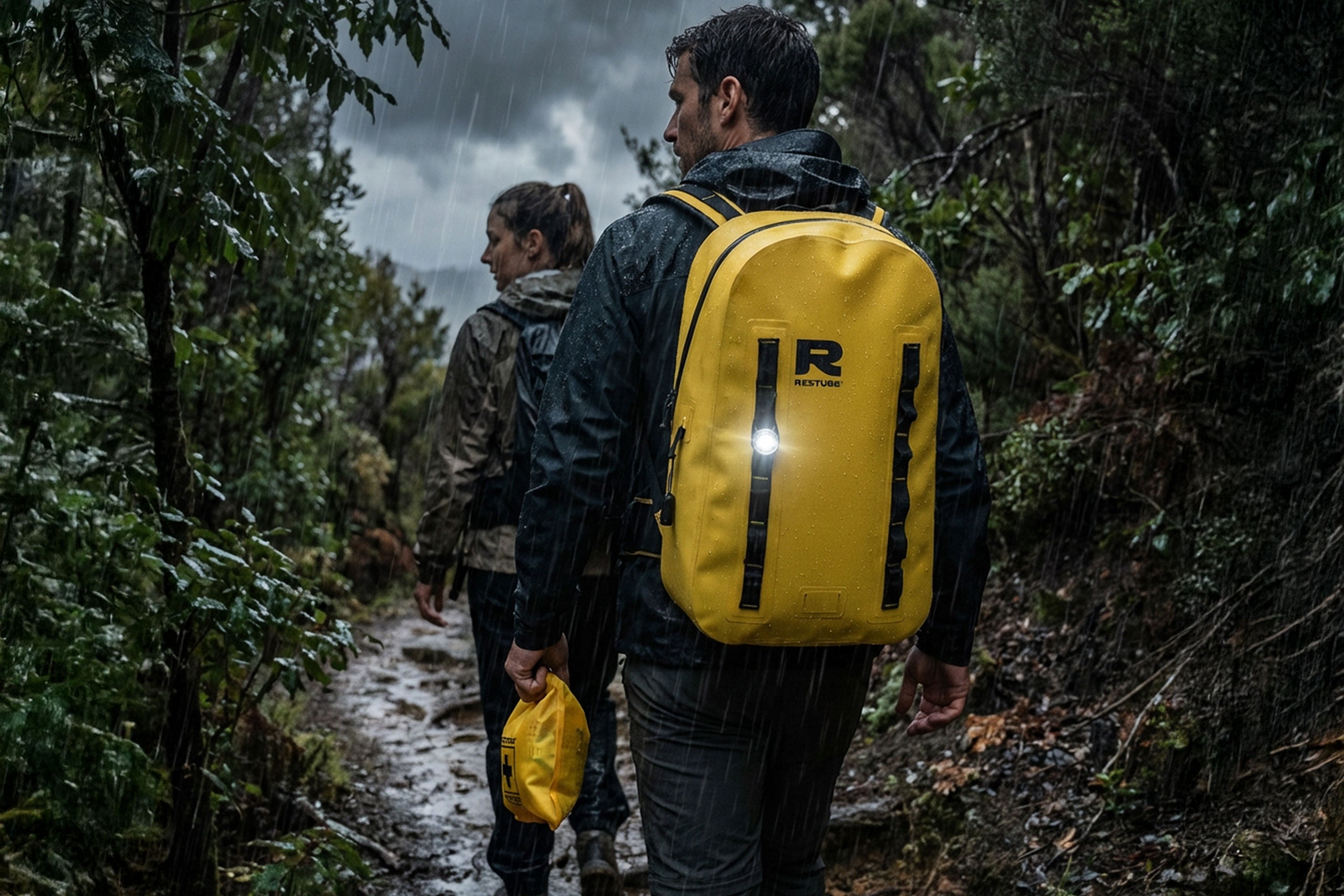 Two hikers walking on a forest trail in the rain, one wearing a yellow waterproof backpack.