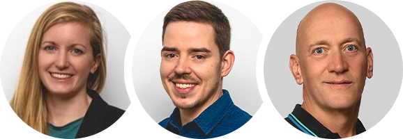 Three people in professional headshots, smiling at the camera: a woman with long blond hair, a man with short dark hair and a trimmed beard, and a bald man wearing a collared shirt.