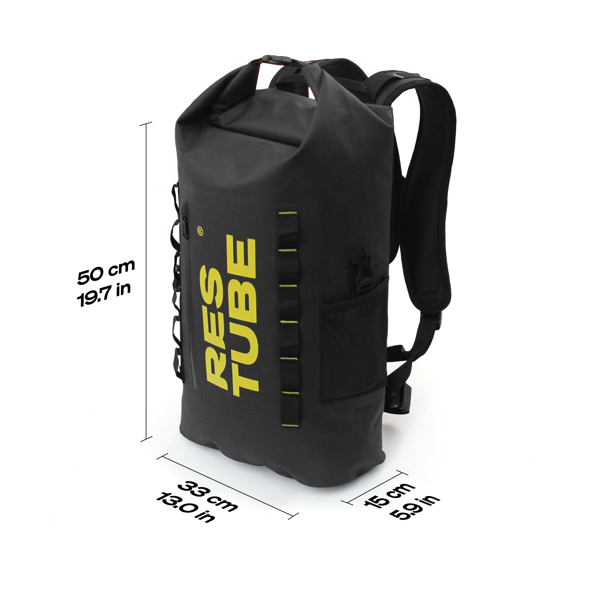 Waterproof roll-top backpack with dimensions 50 x 33 x 15 cm (19.7 x 13.0 x 5.9 in)