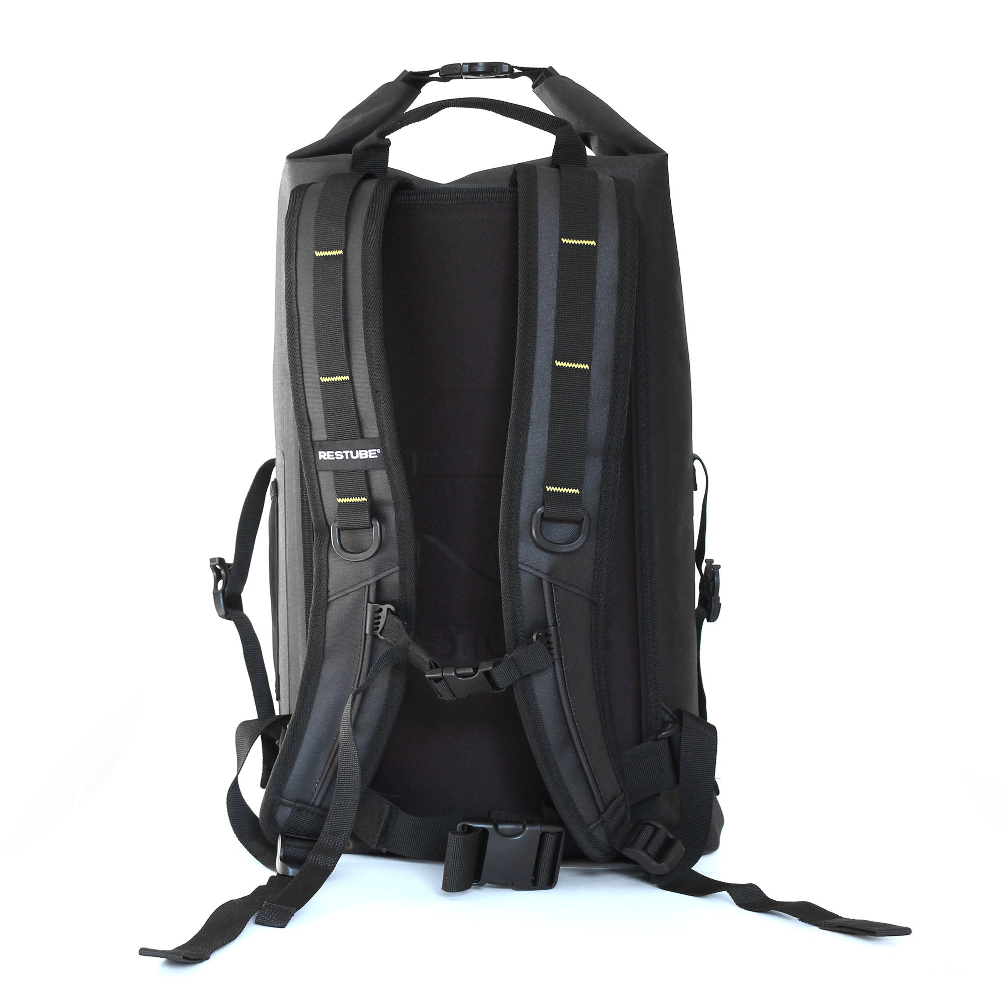 Back view of waterproof backpack with padded shoulder straps and adjustable chest and hip belt