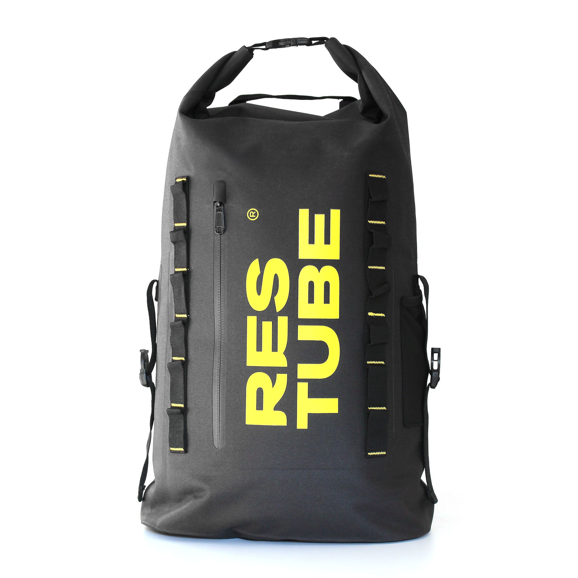 Waterproof roll-top backpack with front zipper pocket and attachment loops