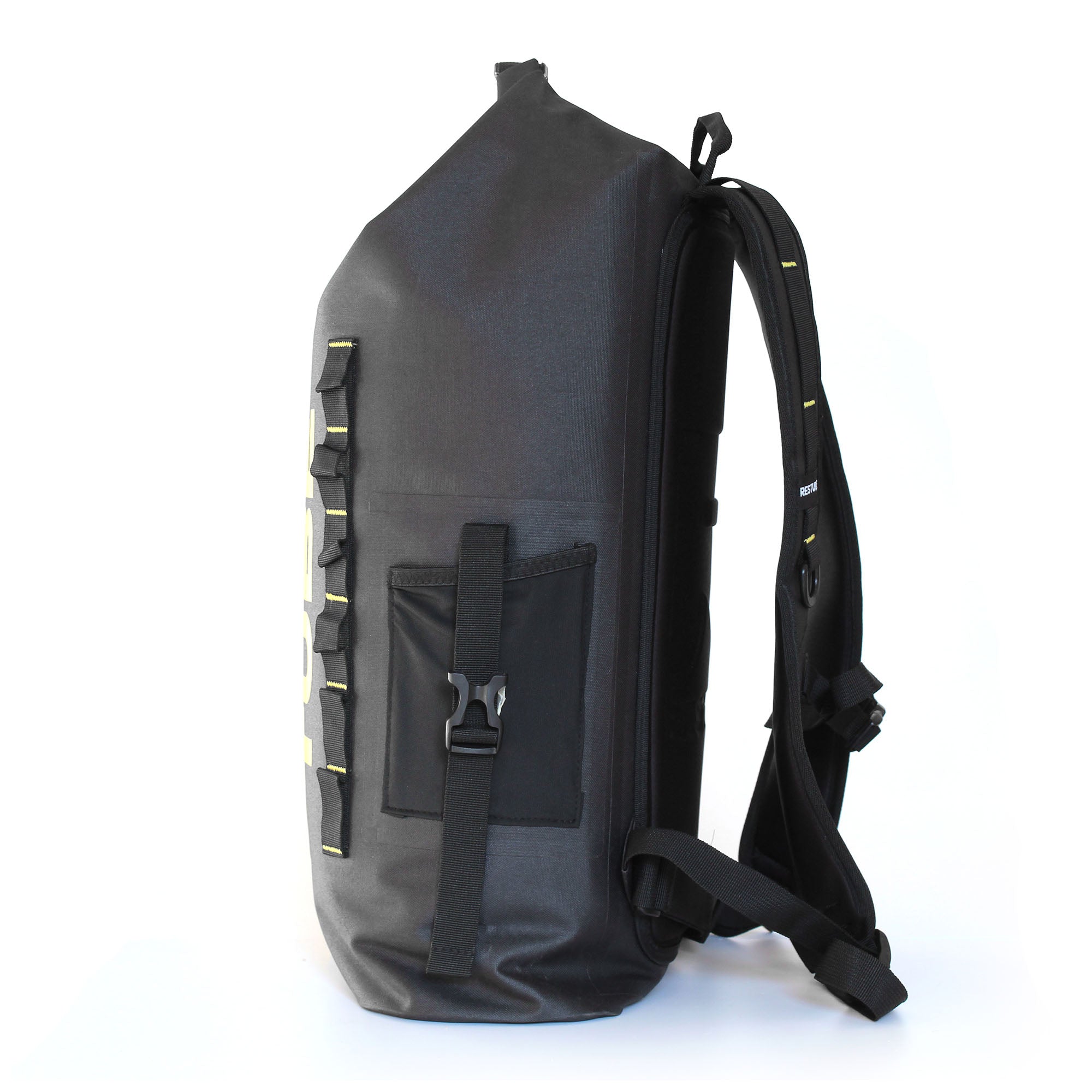 Side view of black waterproof roll-top backpack with adjustable side pocket, compression strap and ergonomic shoulder straps