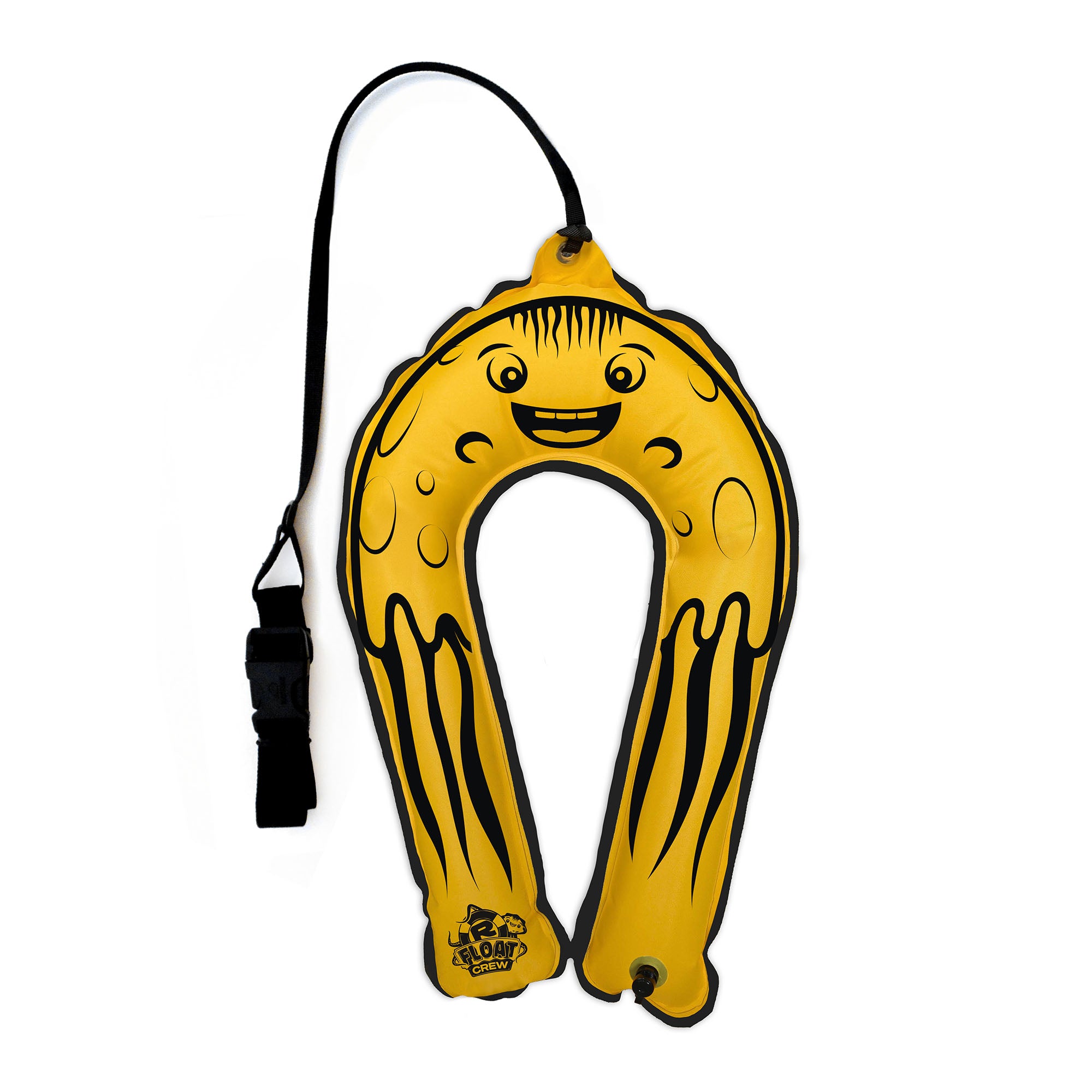 RESTUBE JELLY – inflatable water buddy from the Float Crew, yellow horseshoe-shaped design with friendly face, black belt and leash attached
