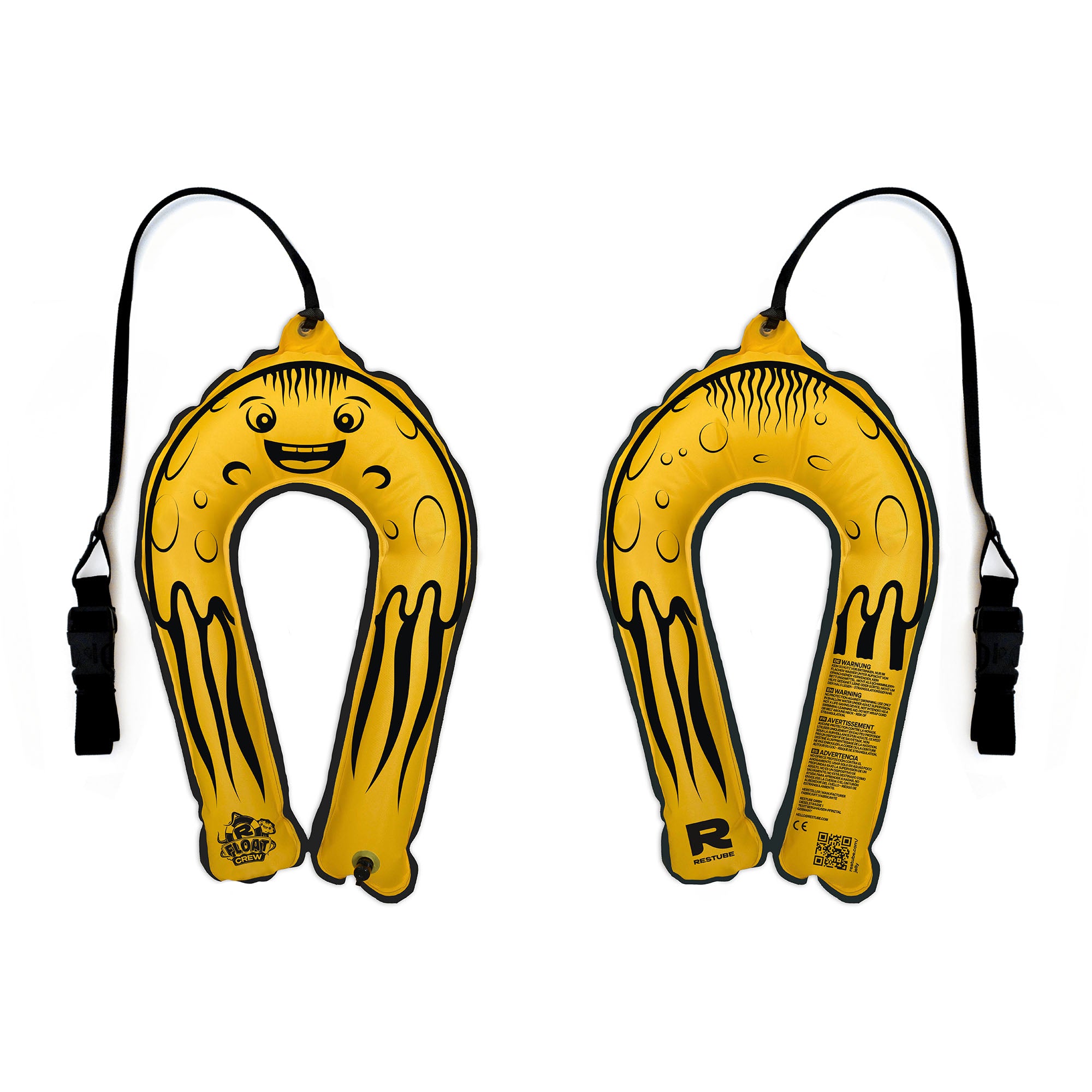 RESTUBE JELLY – front and back view, inflatable yellow water toy with Float Crew character design, RESTUBE branding and safety instructions on reverse