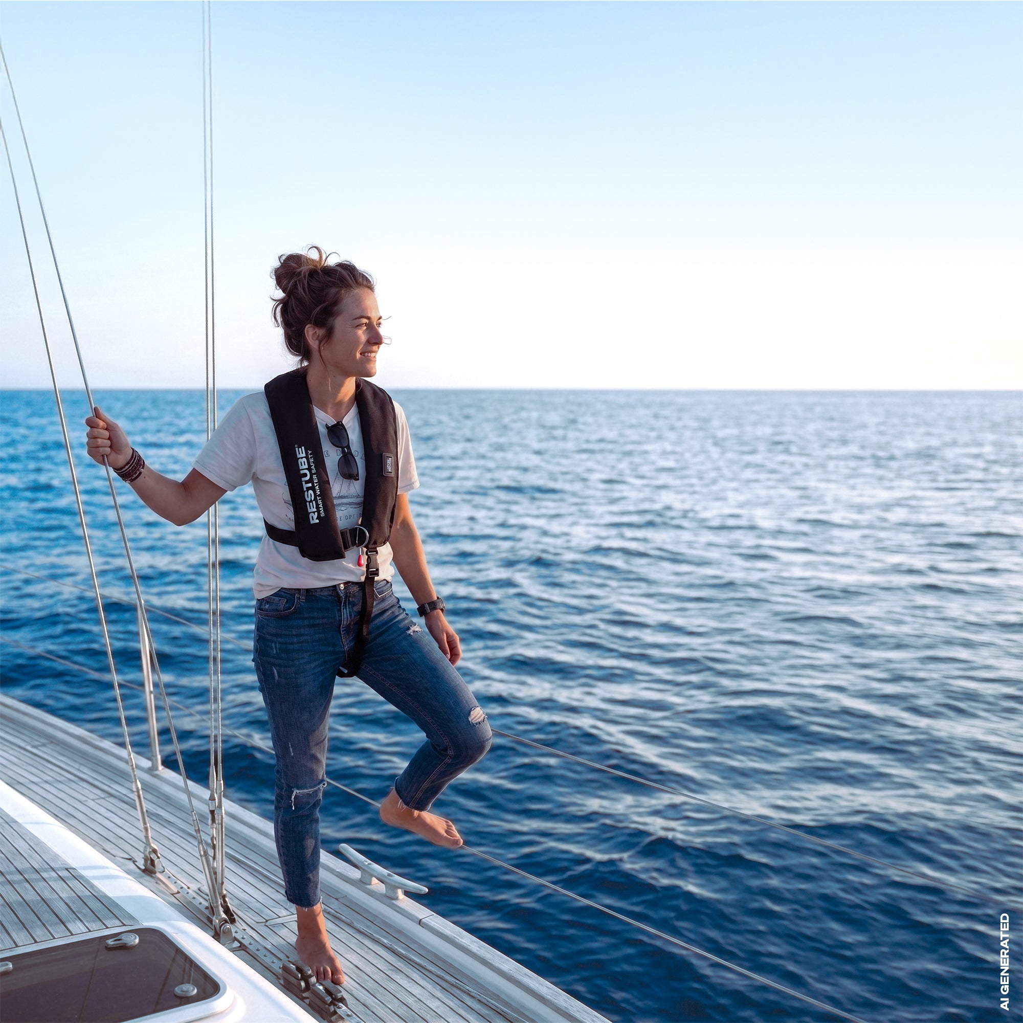A smiling woman stands barefoot on the deck of a sailboat in the middle of the ocean, wearing jeans, a white T-shirt, and a black life jacket. She holds onto the boat’s rigging while looking toward the horizon under a clear blue sky.