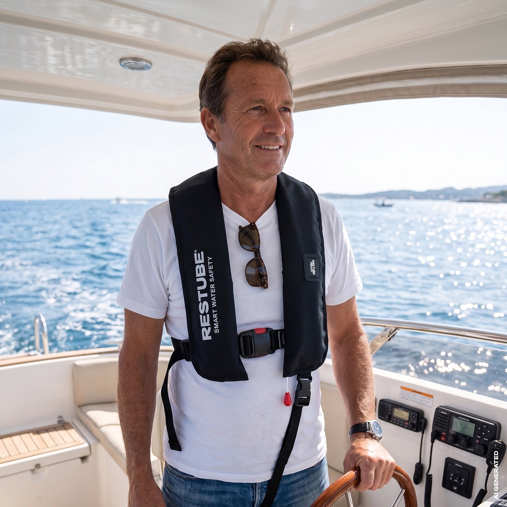 Man on a boat wearing a life jacket with RESTUBE branding, smiling at the camera.