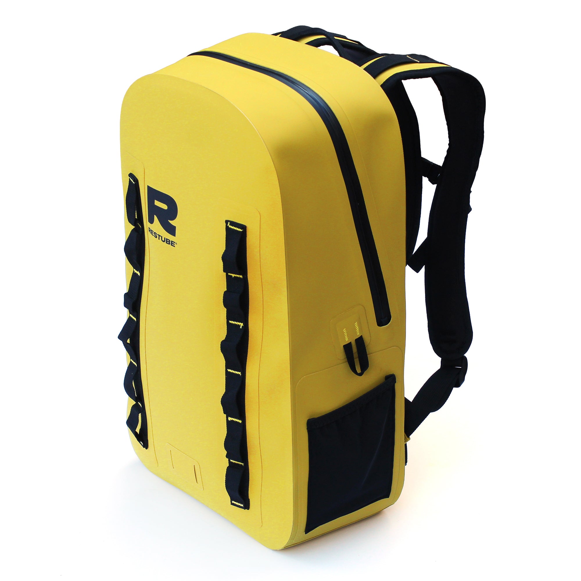 Yellow waterproof backpack in 3/4 perspective view with front attachment loops, side pocket and ergonomic shoulder straps