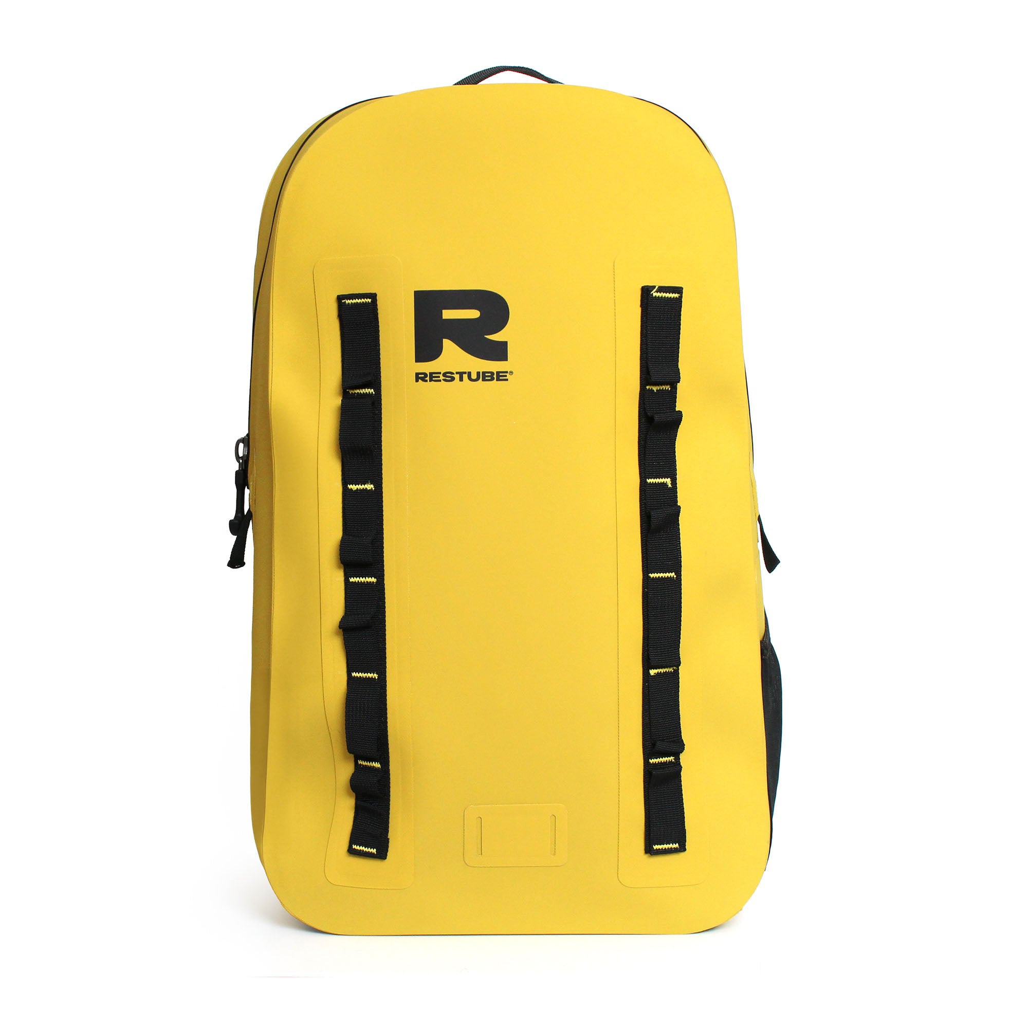 Front view of yellow waterproof backpack with RESTUBE logo and vertical attachment loops for gear mounting