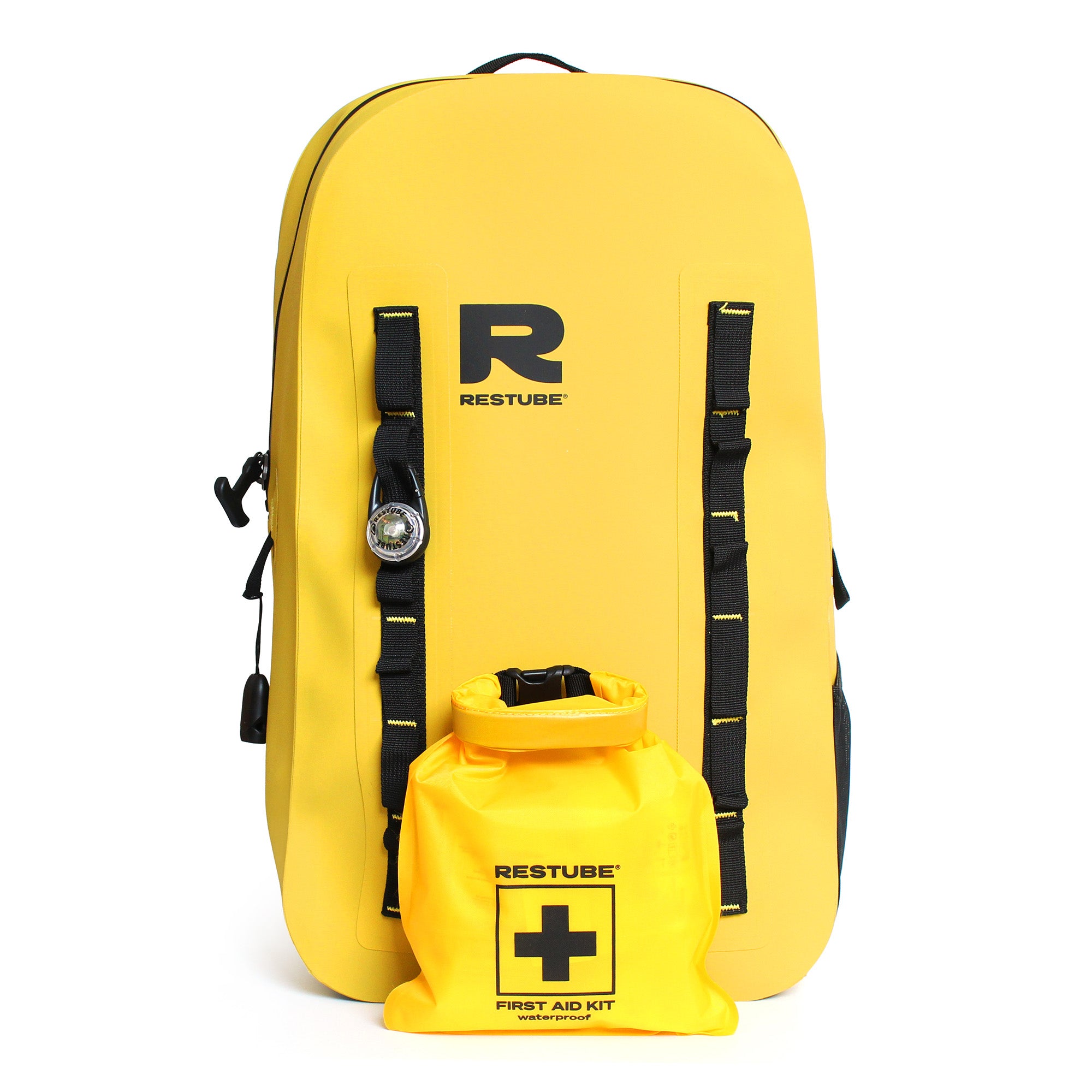 Front view of yellow waterproof backpack with attachment loops, mounted accessories and waterproof first aid kit attached to the front