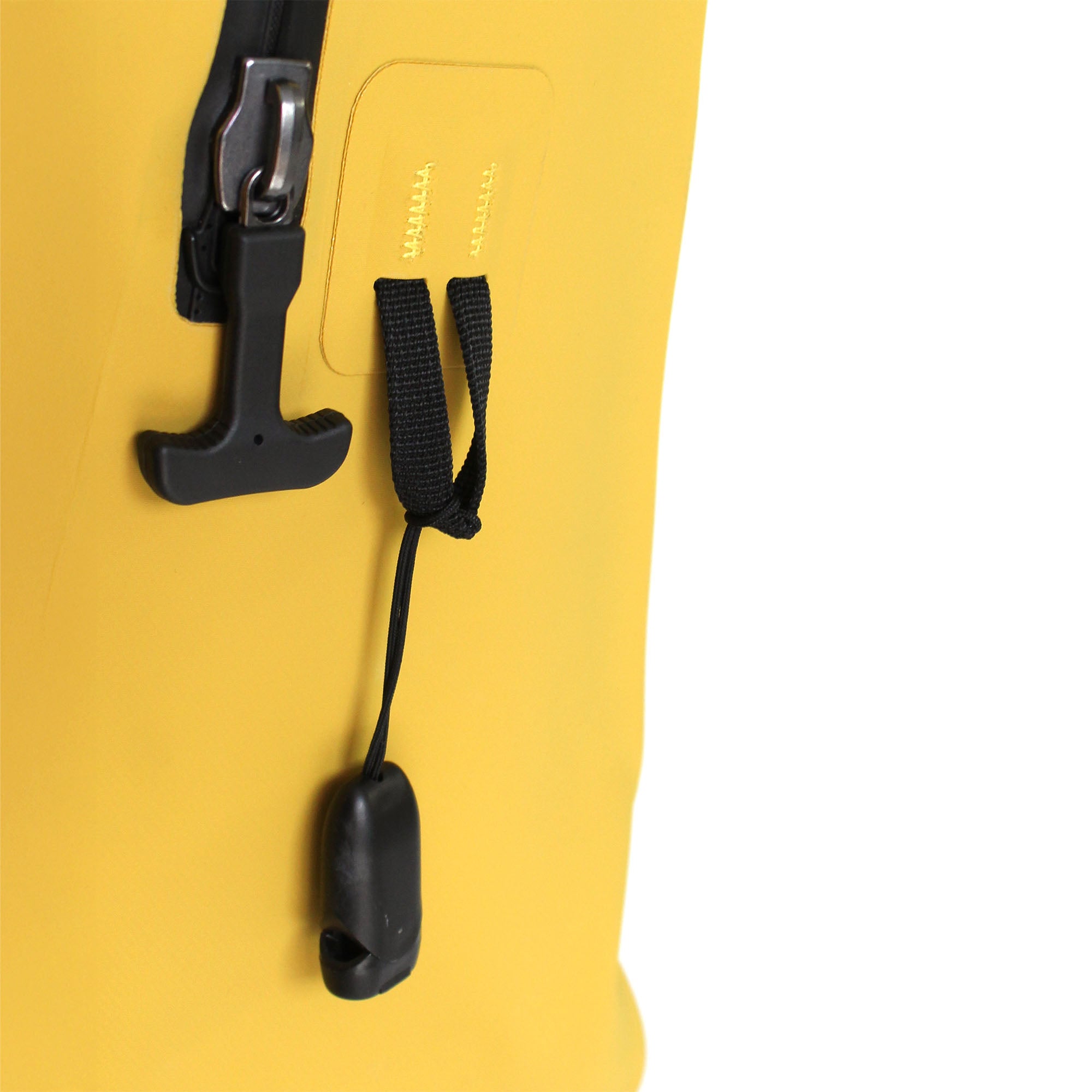 lose-up of attachment loop with integrated safety whistle and waterproof zipper on yellow backpack
