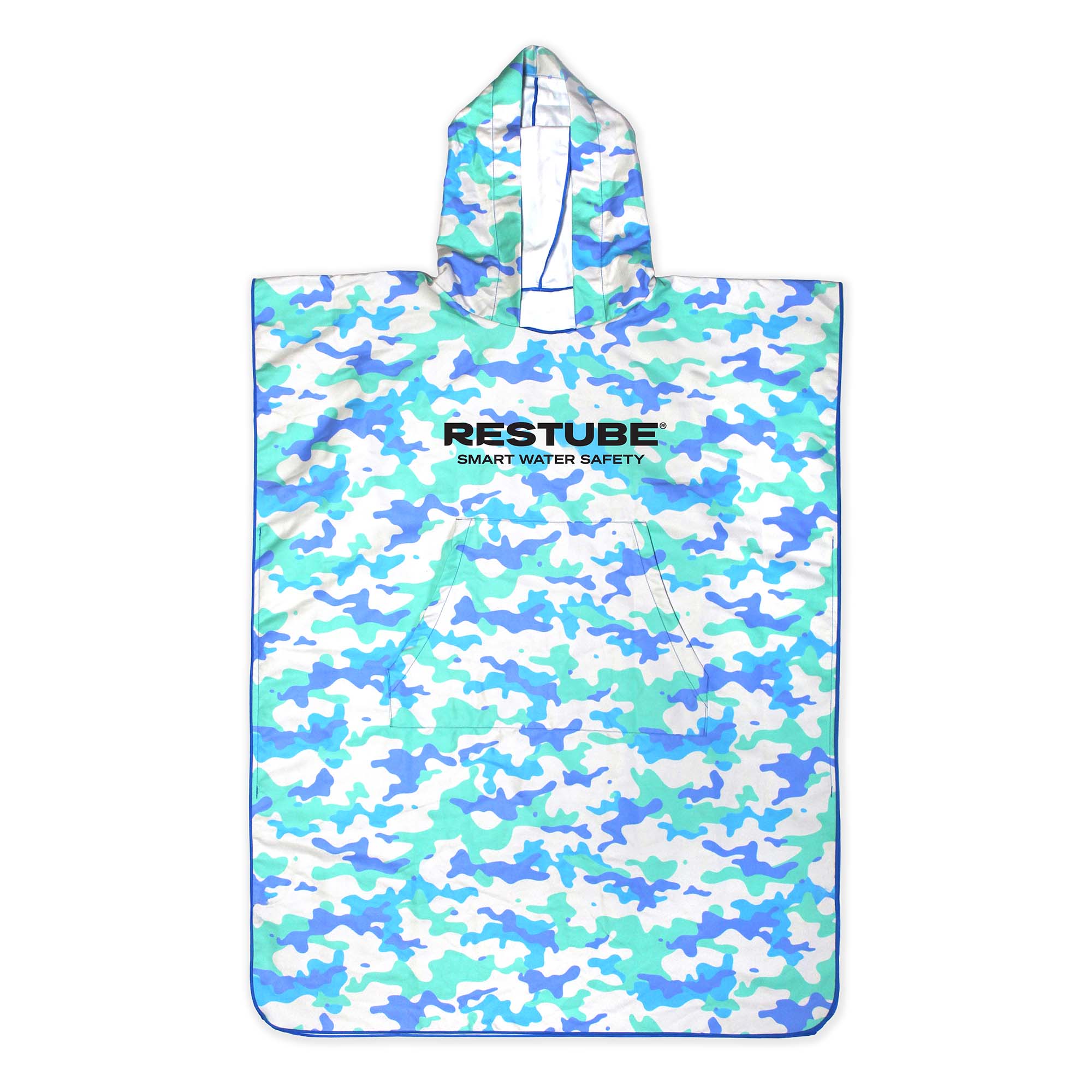 RESTUBE adult hooded poncho in blue and teal camo print