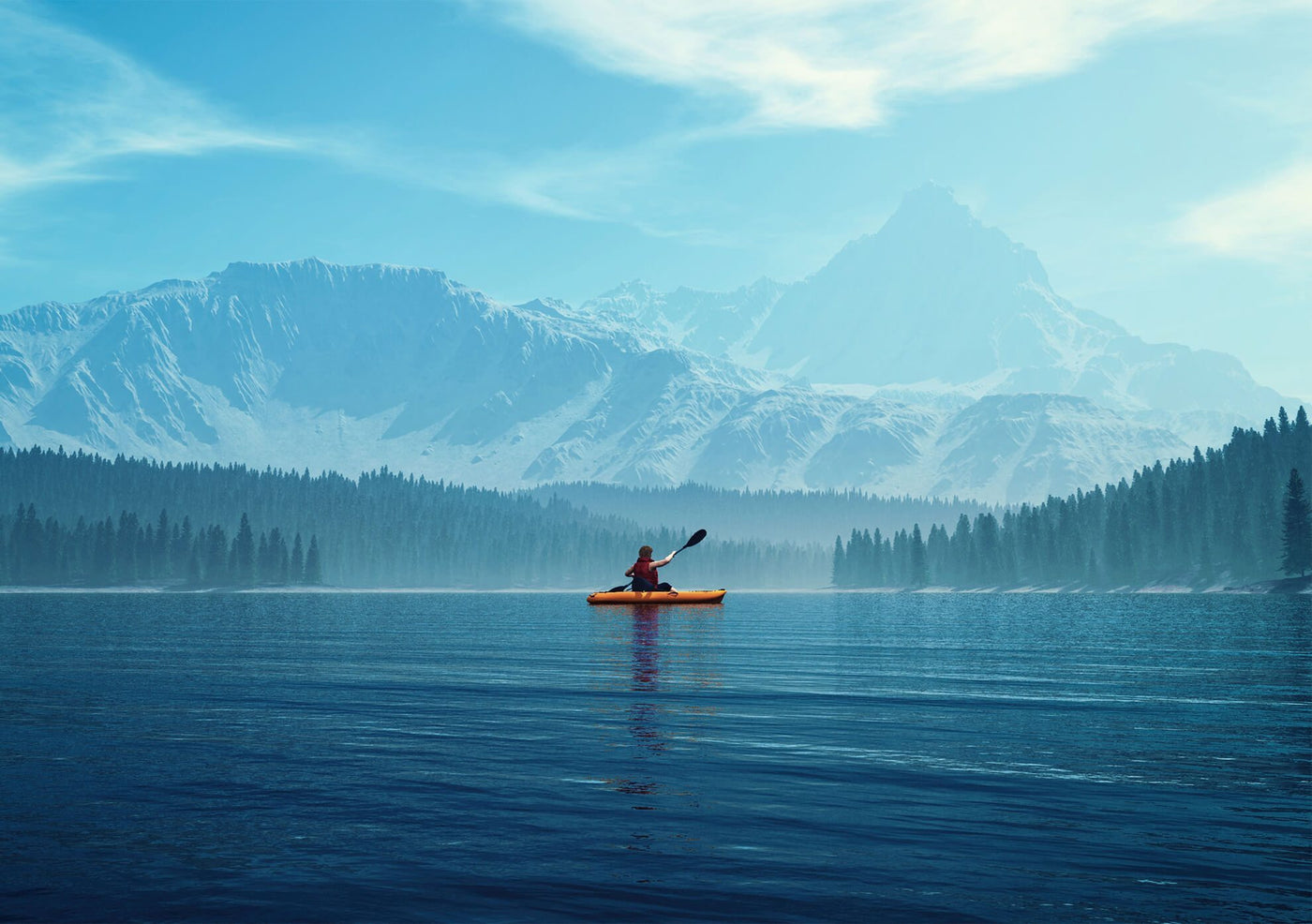 Restube für Kajak und Kanu, Kanufahrer auf einem großen See, mit Wald und hohen Bergen im Hintergrund