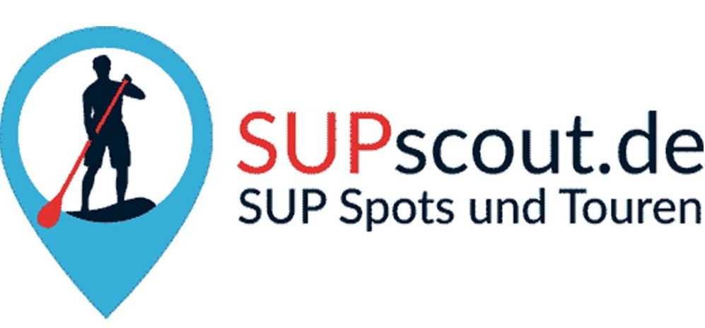 Logo of SUPscout.de featuring a blue location pin with a silhouette of a stand-up paddler, next to the text ‘SUPscout.de – SUP Spots und Touren’.