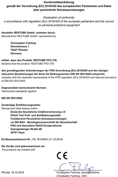 Screenshot CE-Zertifikat für die Restube pfd