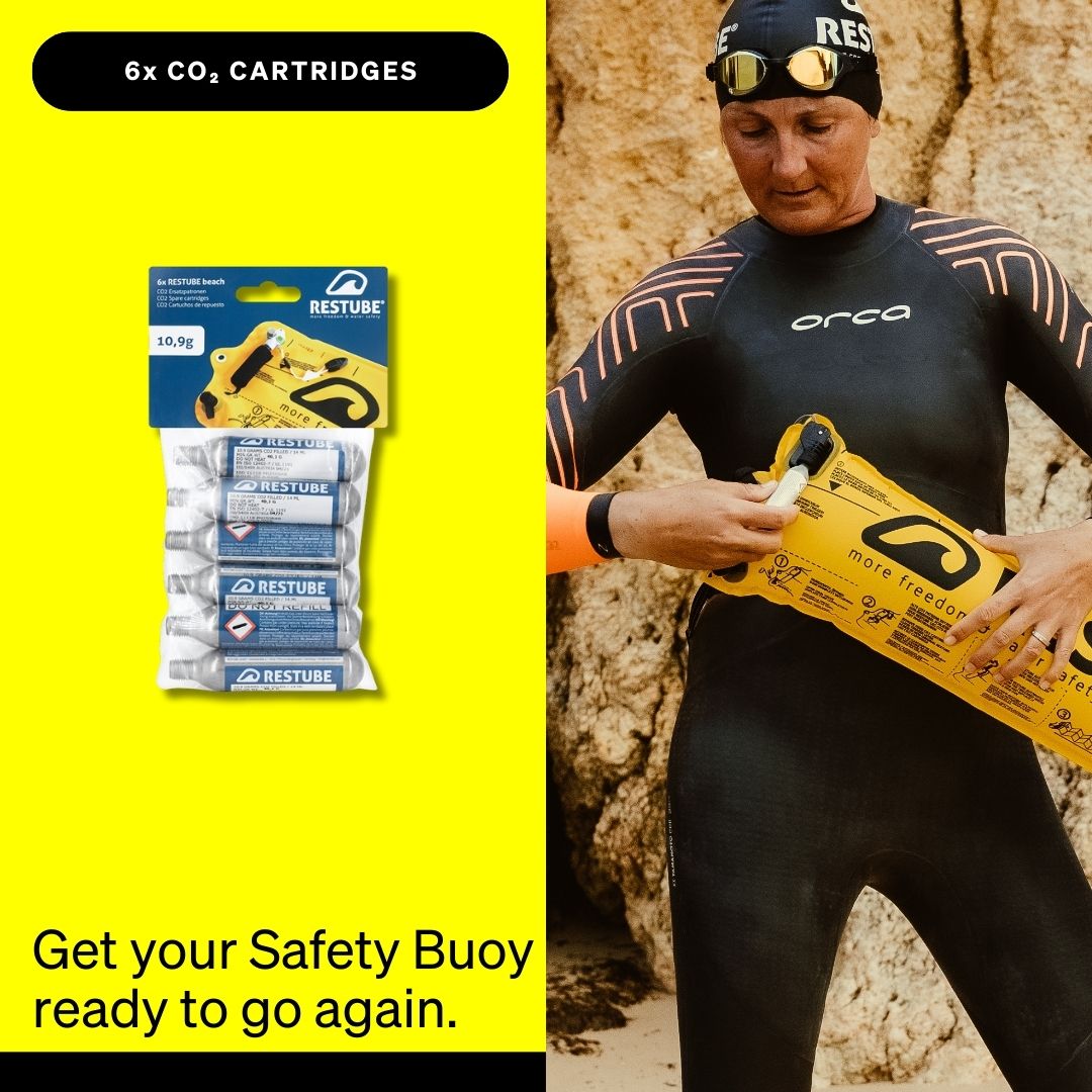 Swimmer in a wetsuit replaces the CO₂ cartridge on a yellow RESTUBE Safety Buoy; on the left, a 6-pack of RESTUBE CO₂ cartridges is displayed on a bright yellow background with the text “Get your Safety Buoy ready to go again.”