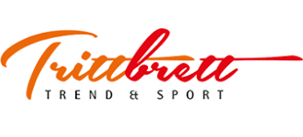 Logo of ‘Trittbrett Trend & Sport’ with stylized orange and red script lettering above smaller black text.