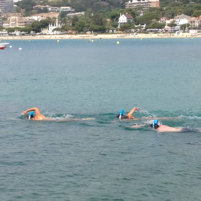 Triathleten beim Kraultraining im Freiwasser mit AMEO Powerbreather Wave 